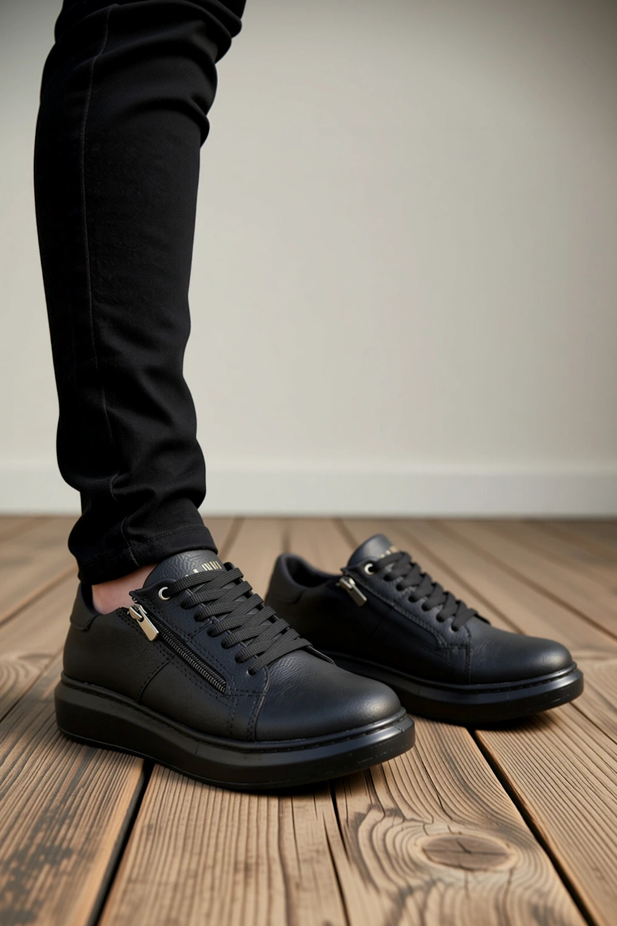 Erkek Bağcıklı Fermuarlı Deri Sneaker Standart Kalıp Fonksiyonel Dayanıklı Kaliteli Modern