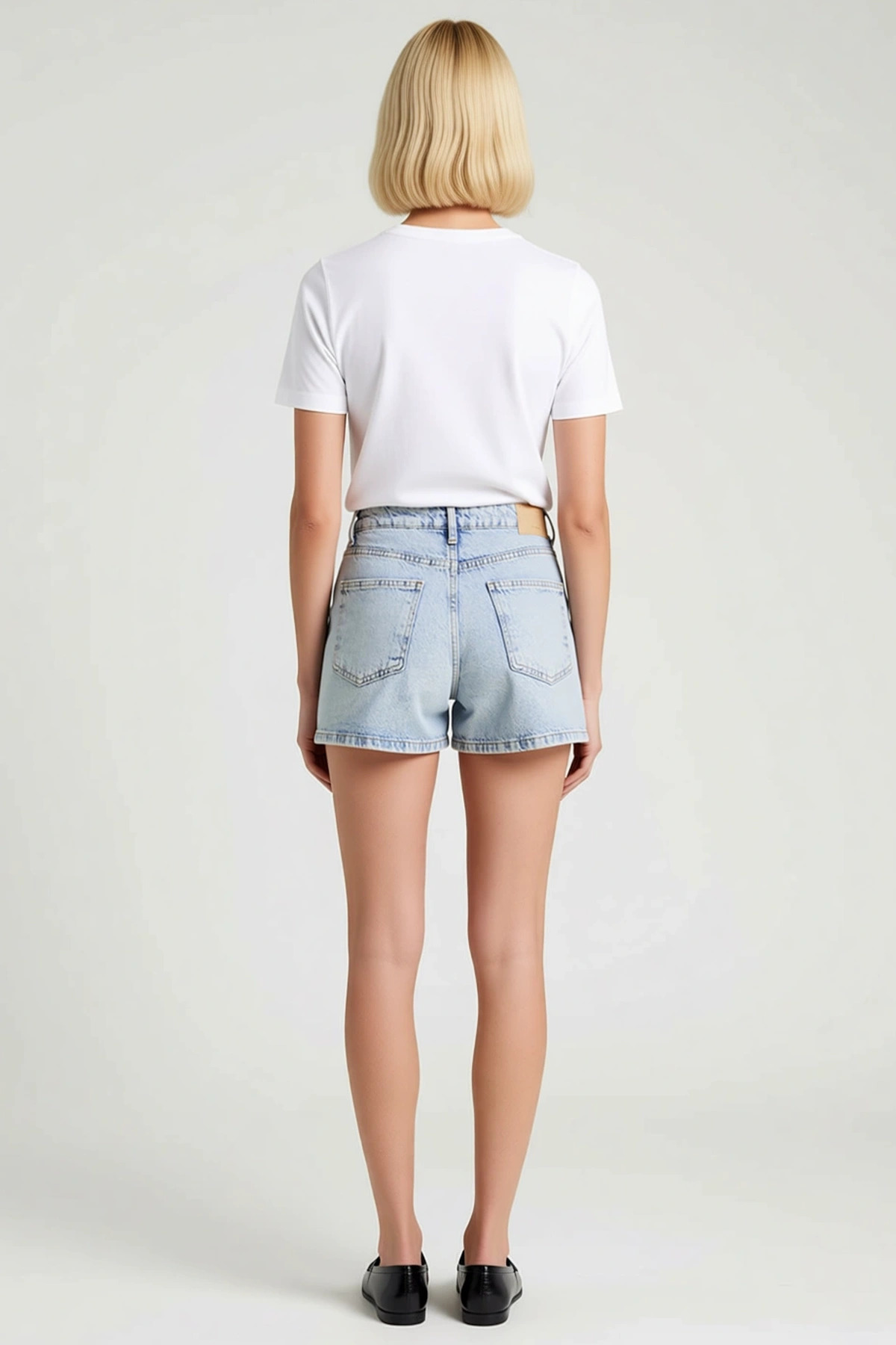 Kadın Şort Yüksek Bel City Kalıp Mom Siluet Boru Paça Düz Desen Denim Rigid Dokuma Kısa