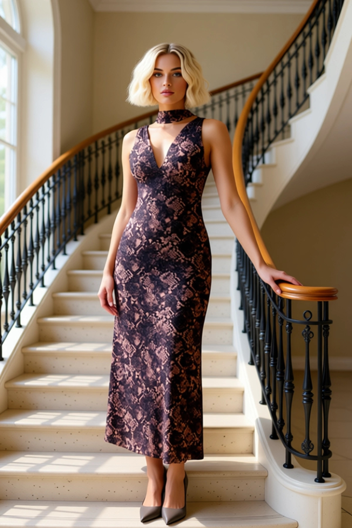 Kadın V Yaka Kolsuz Bodycon Kalıp Maxi Elbise Animal Desenli Tül Dokuma