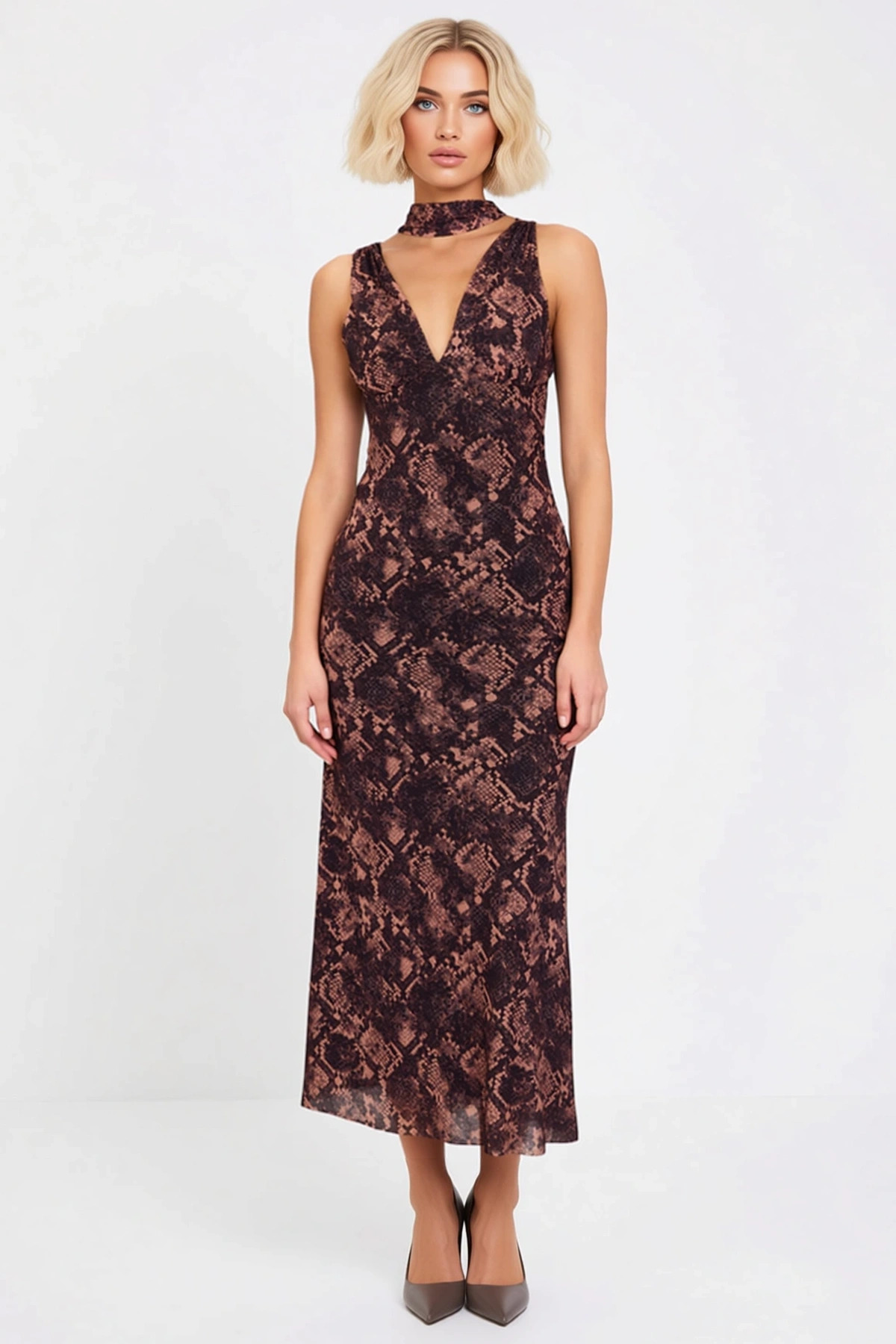 Kadın V Yaka Kolsuz Bodycon Kalıp Maxi Elbise Animal Desenli Tül Dokuma