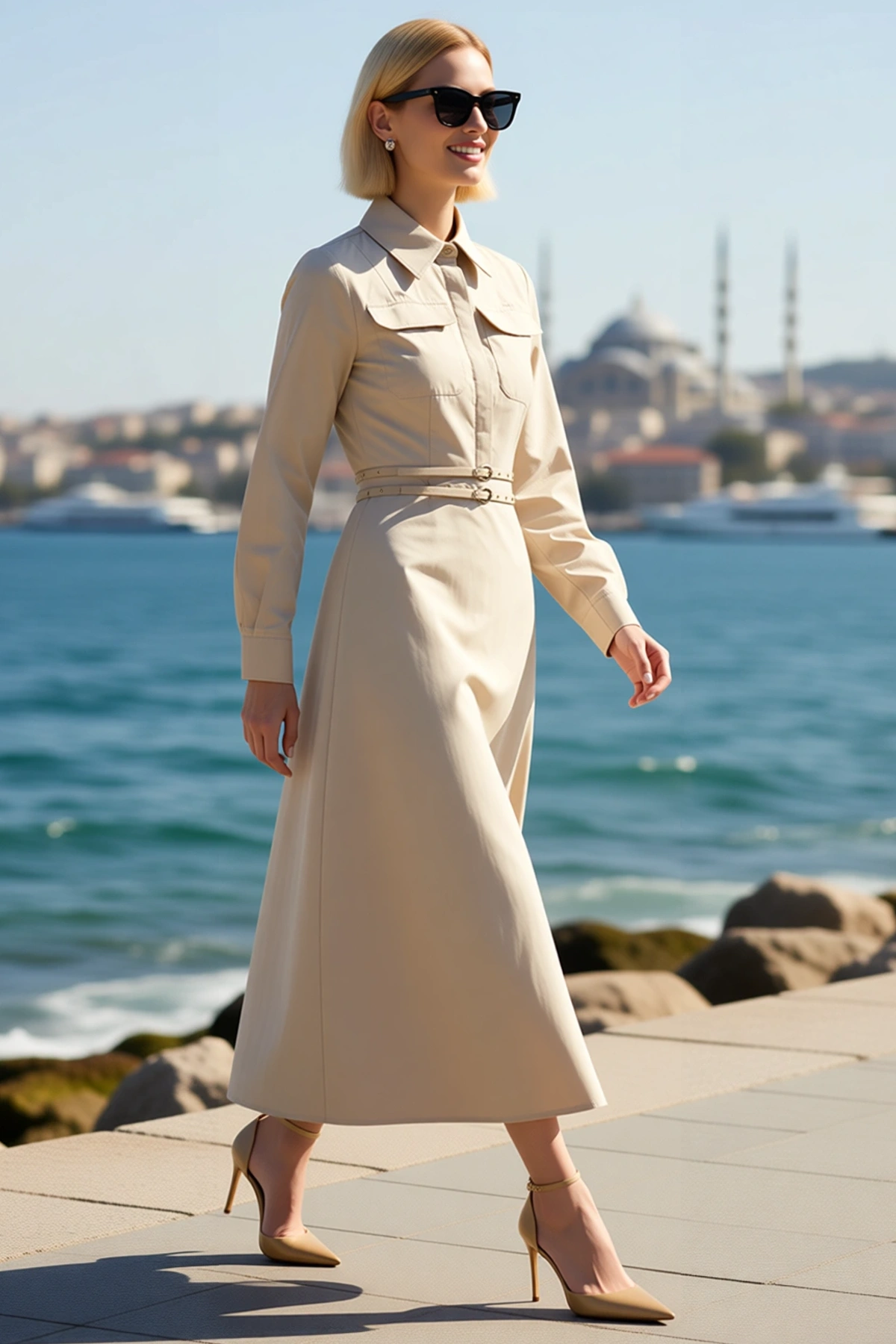 Kadın Tesettür Maxi Elbise Gömlek Yaka Uzun Kol Skater Kesim Çift Tokalı Kemerli Terrycotton Günlük