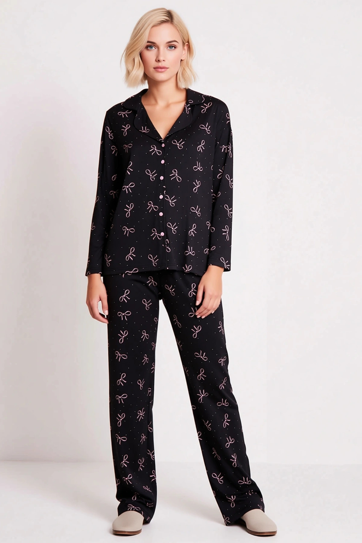 Kadın Gömlek Yaka Standart Kol Regular Kalıp Pijama Takımı Fonksiyonel Kaliteli %100 Pamuk