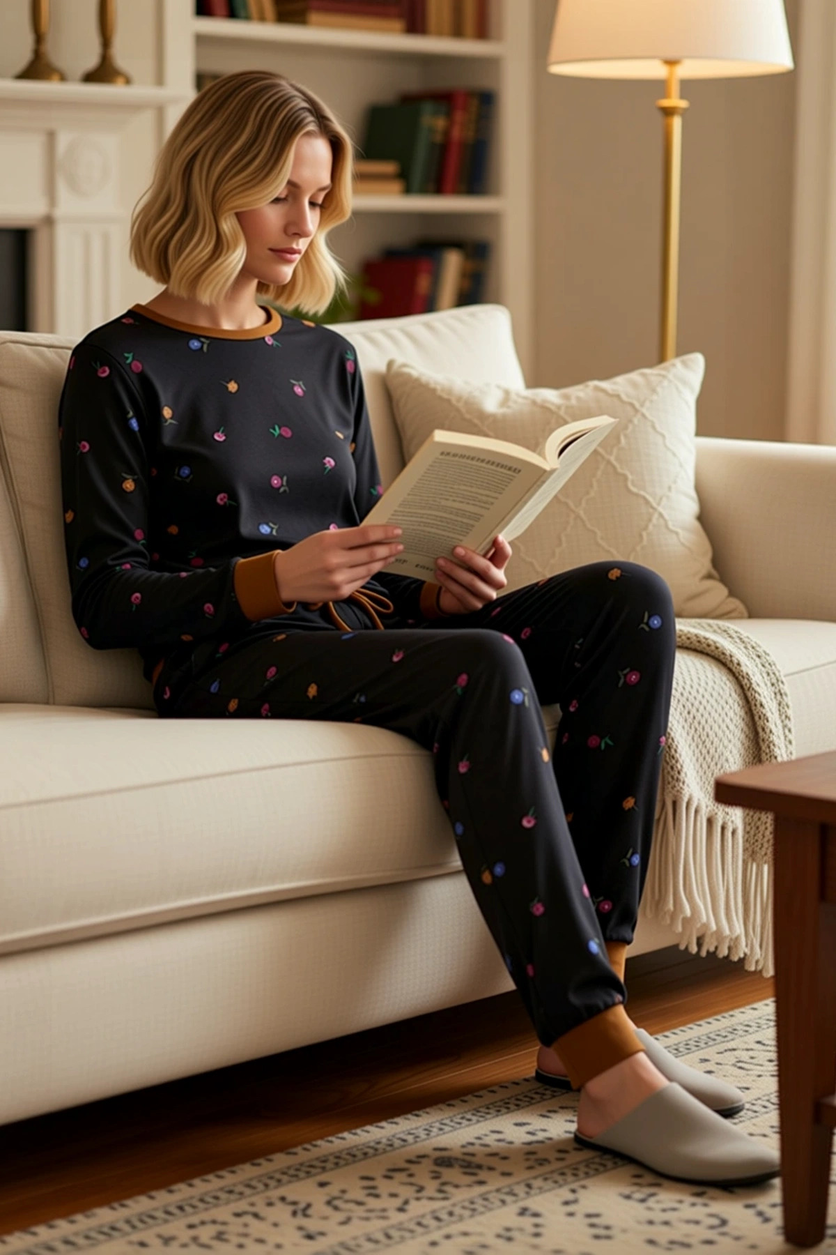 Kadın Bisiklet Yaka Standart Kol Çiçekli Örme Pijama Takımı Fonksiyonel Rahat