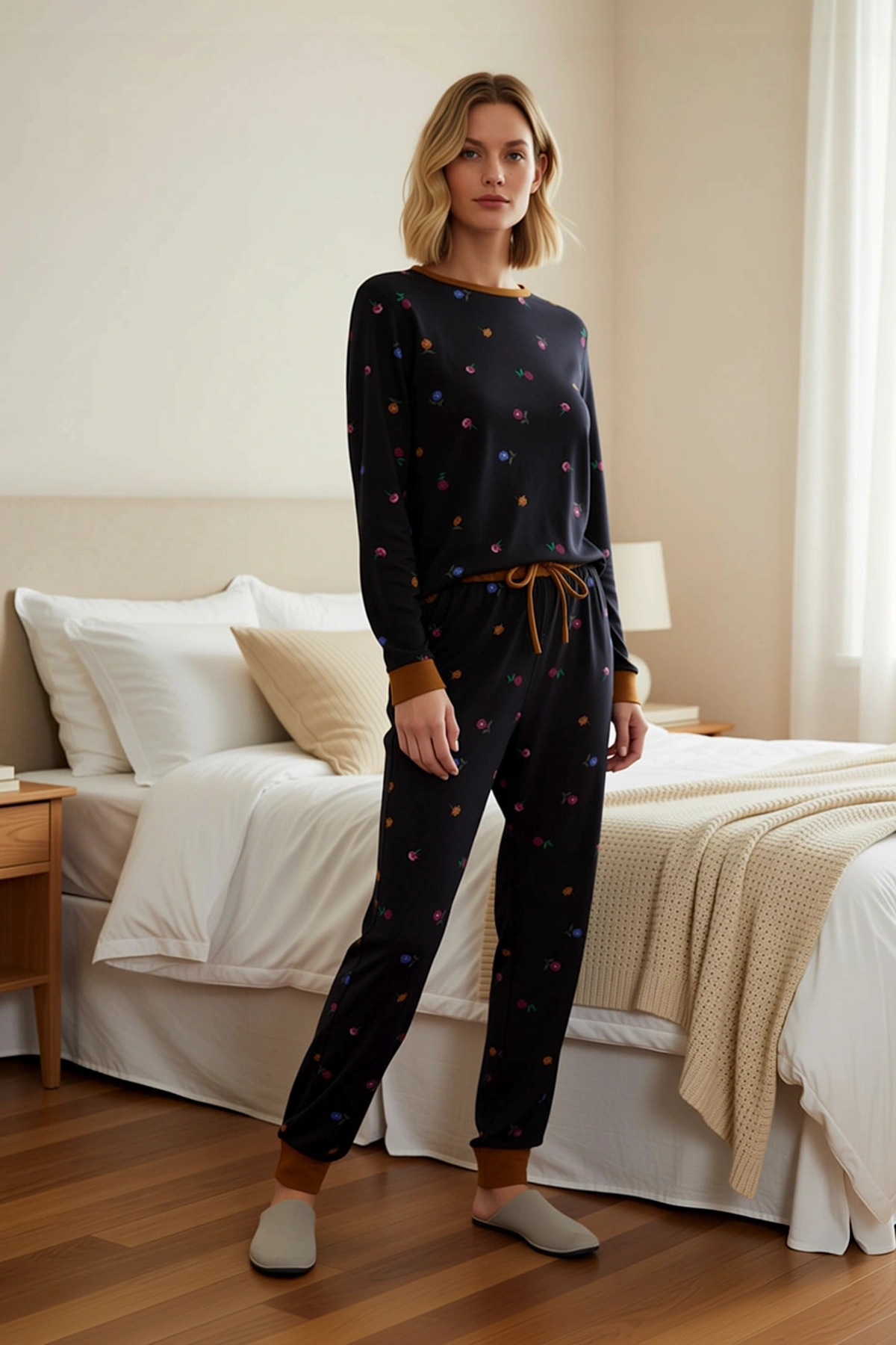 Kadın Bisiklet Yaka Standart Kol Çiçekli Örme Pijama Takımı Fonksiyonel Rahat