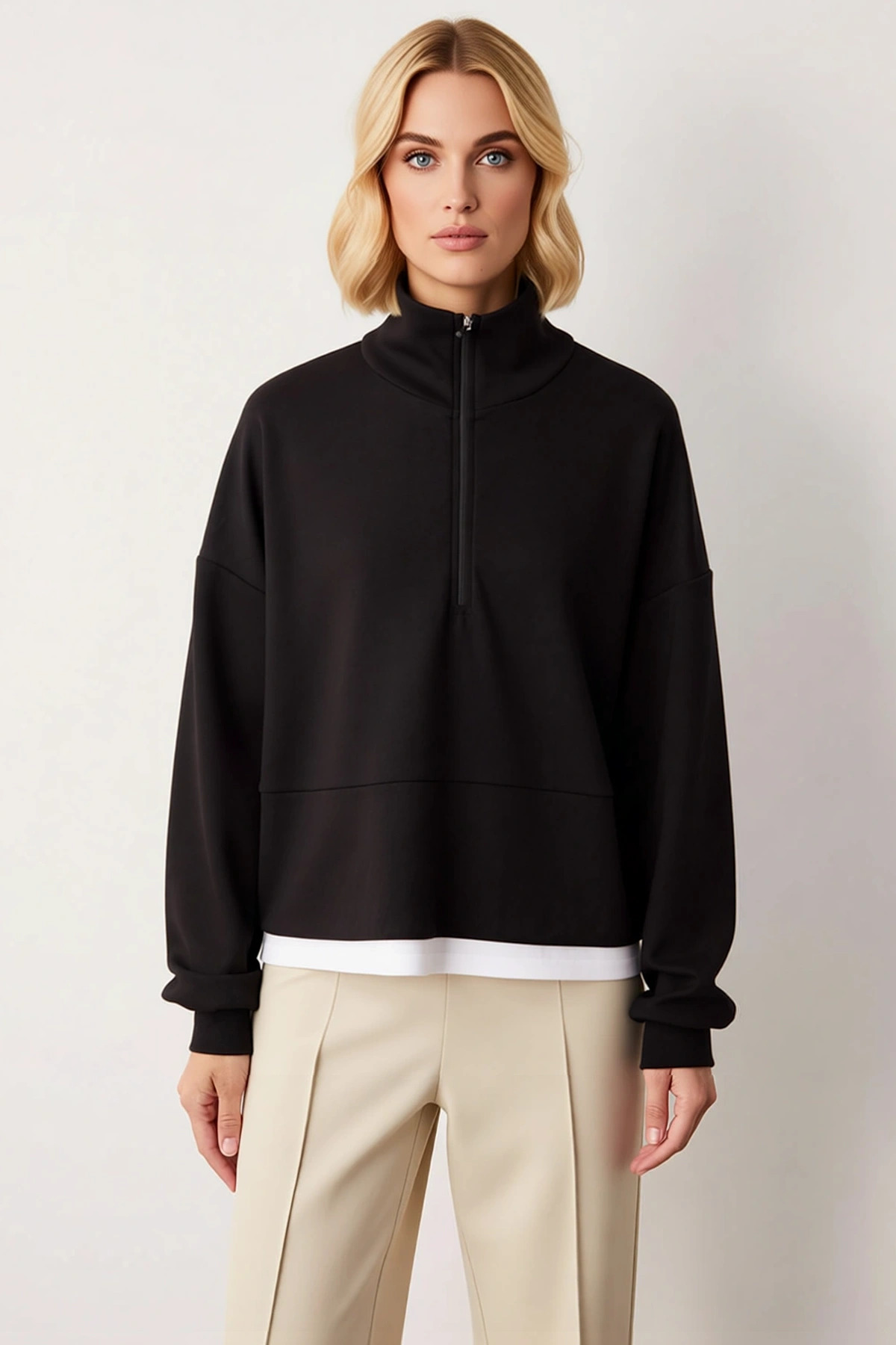 Kadın Dik Yaka Fermuarlı Standart Kol Örme Sweatshirt Fonksiyonel Dayanıklı Kaliteli Rahat