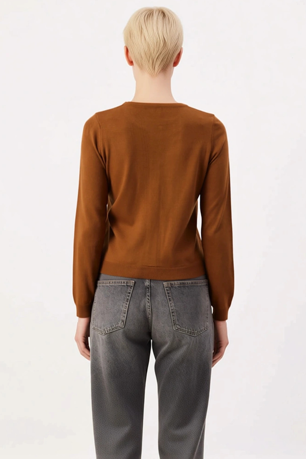 Kadın Regular Fit Bisiklet Yaka Düğmeli Triko Hırka Uzun Kollu Basic Kesim Konforlu Günlük Stil