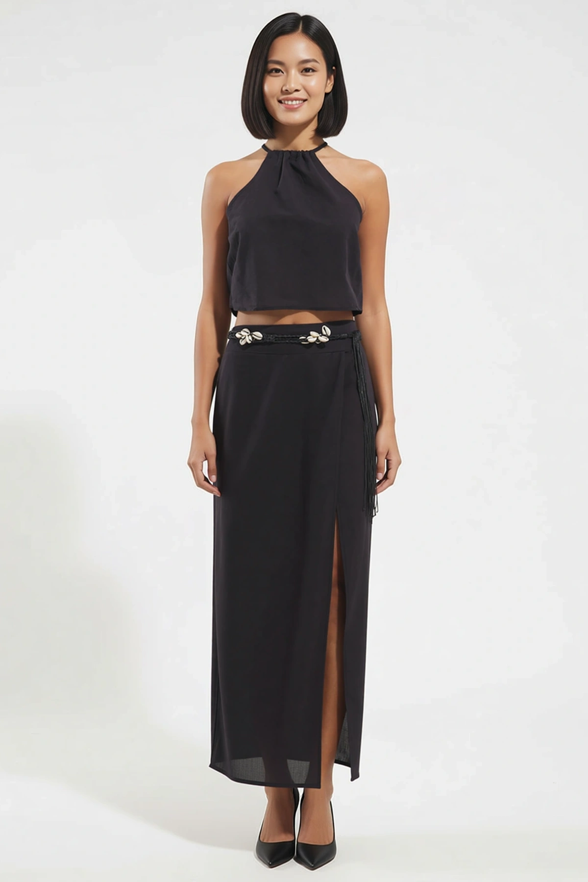 Kadın Büyük Beden Halter Yaka Kolsuz Crop Top Yırtmaçlı Maxi Etek Takımı %100 Viskoz Günlük Rahat