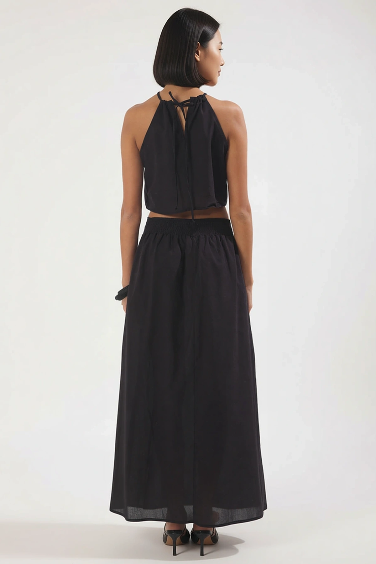 Kadın Büyük Beden Halter Yaka Kolsuz Crop Top Yırtmaçlı Maxi Etek Takımı %100 Viskoz Günlük Rahat