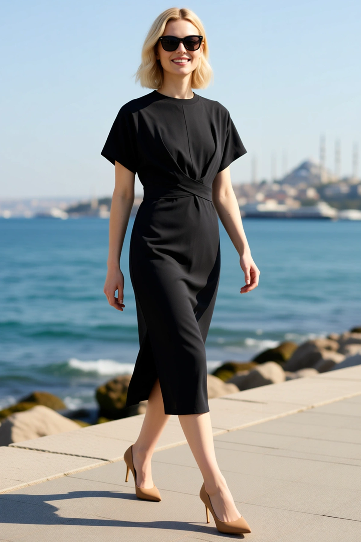 Kadın Büyük Beden %100 Pamuk Midi Kalem Elbise Bağlama Detaylı Bisiklet Yaka Kısa Kollu Bodycon