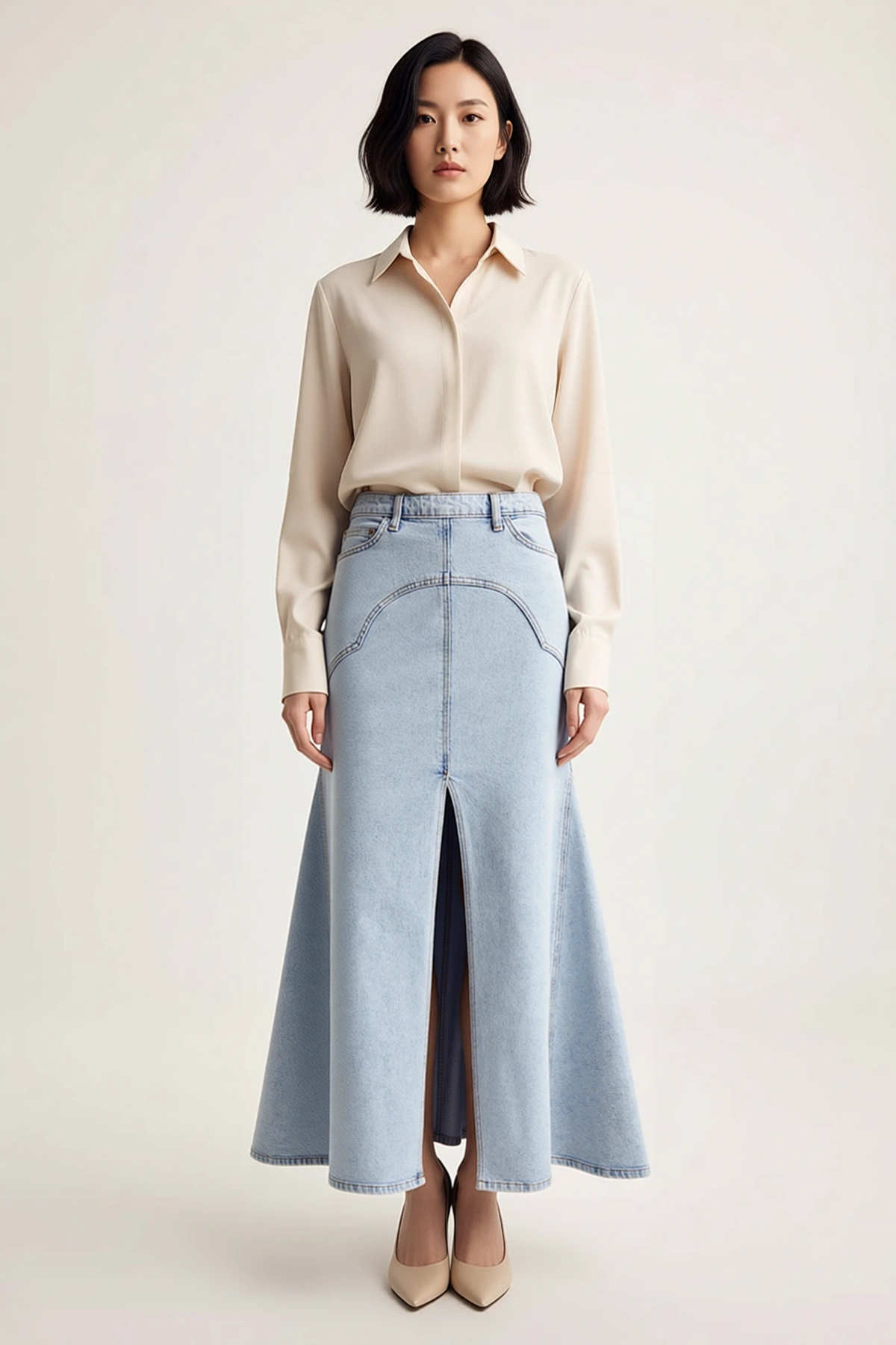 Kadın Maxi Denim Etek Yüksek Bel Yırtmaçlı Uzun Kesim %99 Pamuk Konforlu Rahat Günlük Modern Şık