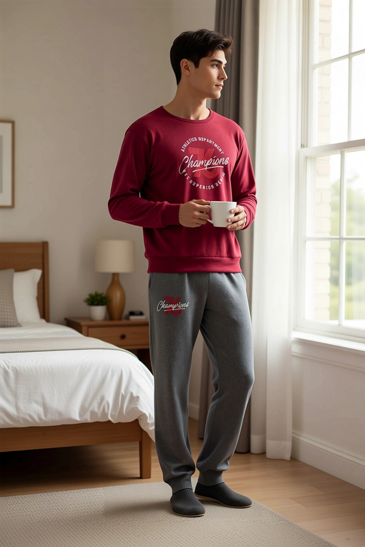 Alternative view of Erkek Bisiklet Yaka Standart Kol Regular Kalıp Örme Pijama Takımı Uzun Kollu Fonksiyonel Şık