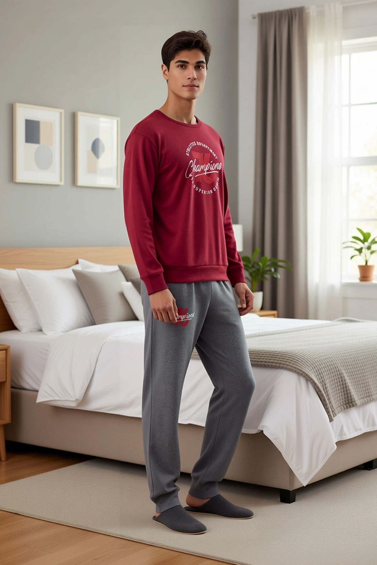 Erkek Bisiklet Yaka Standart Kol Regular Kalıp Örme Pijama Takımı Uzun Kollu Fonksiyonel Şık
