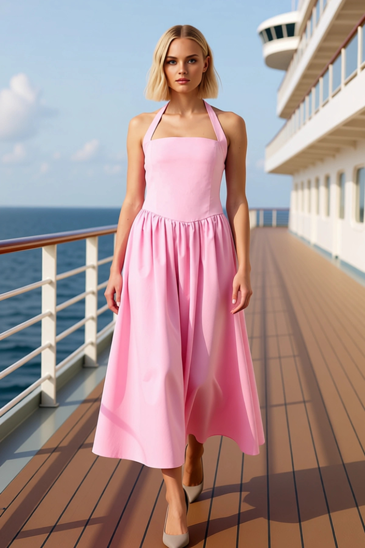 Alternative view of Kadın Boyundan Bağlamalı Kalın Askılı Skater Kalıp Maxi Elbise Fonksiyonel Spor 0 Pamuk