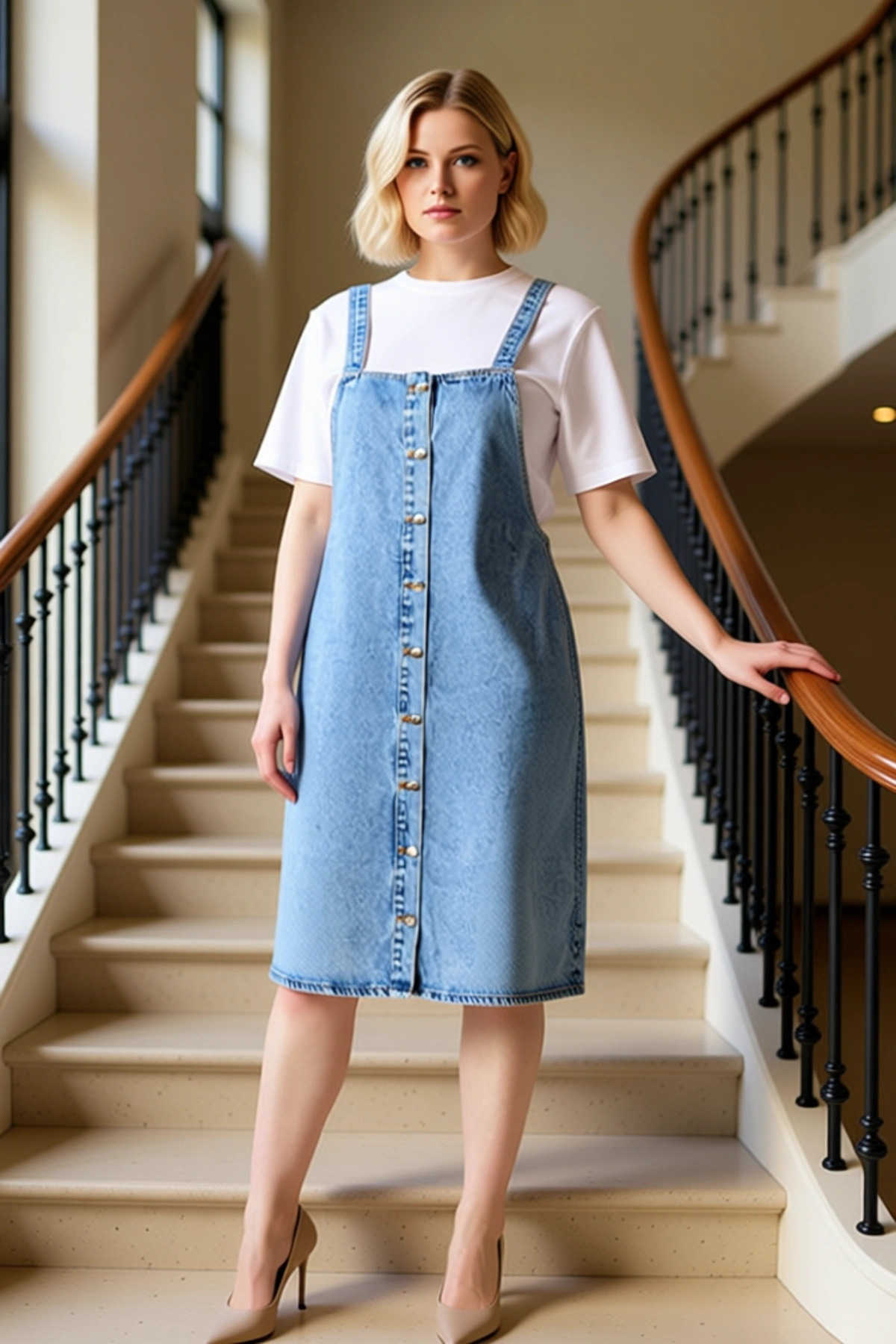 Kadın Büyük Beden Askılı Denim Elbise Önü Düğmeli %100 Pamuk Midi Kesim A-Line Rahat Günlük Modern