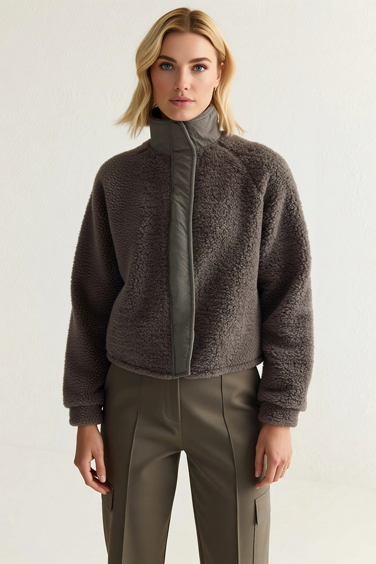 Kadın Dik Yaka Düşük Kol Fermuarlı Peluş Kalın Örme Sweatshirt Fonksiyonel Dayanıklı Rahat