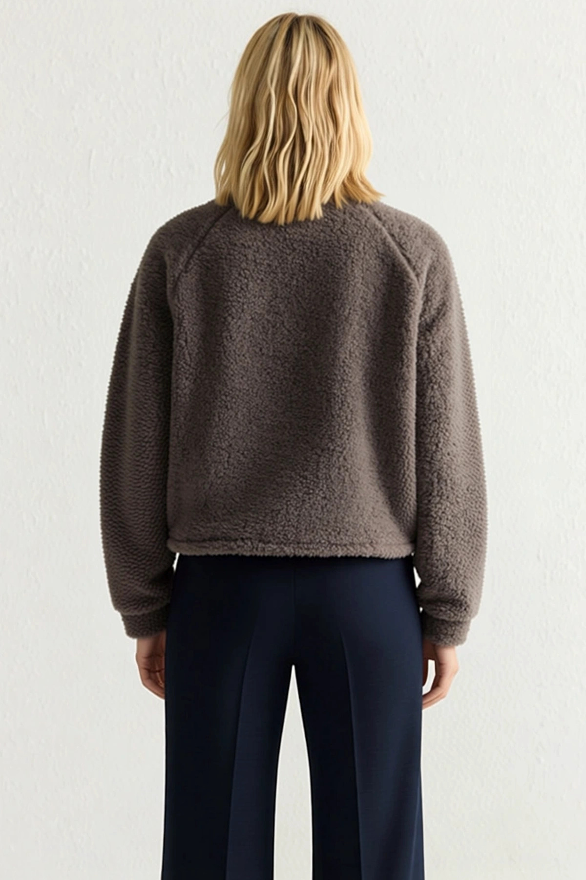 Kadın Dik Yaka Düşük Kol Fermuarlı Peluş Kalın Örme Sweatshirt Fonksiyonel Dayanıklı Rahat