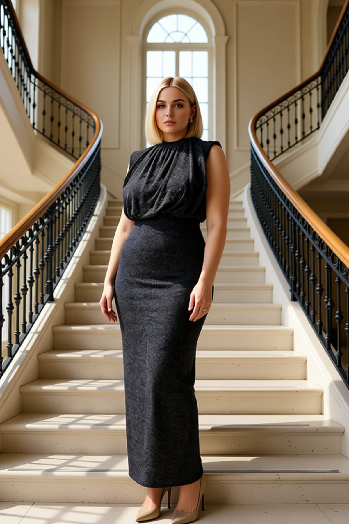 Kadın Büyük Beden Dik Yaka Kolsuz Tül Örme Bodycon Kalıp Maxi Elbise Fonksiyonel Dayanıklı