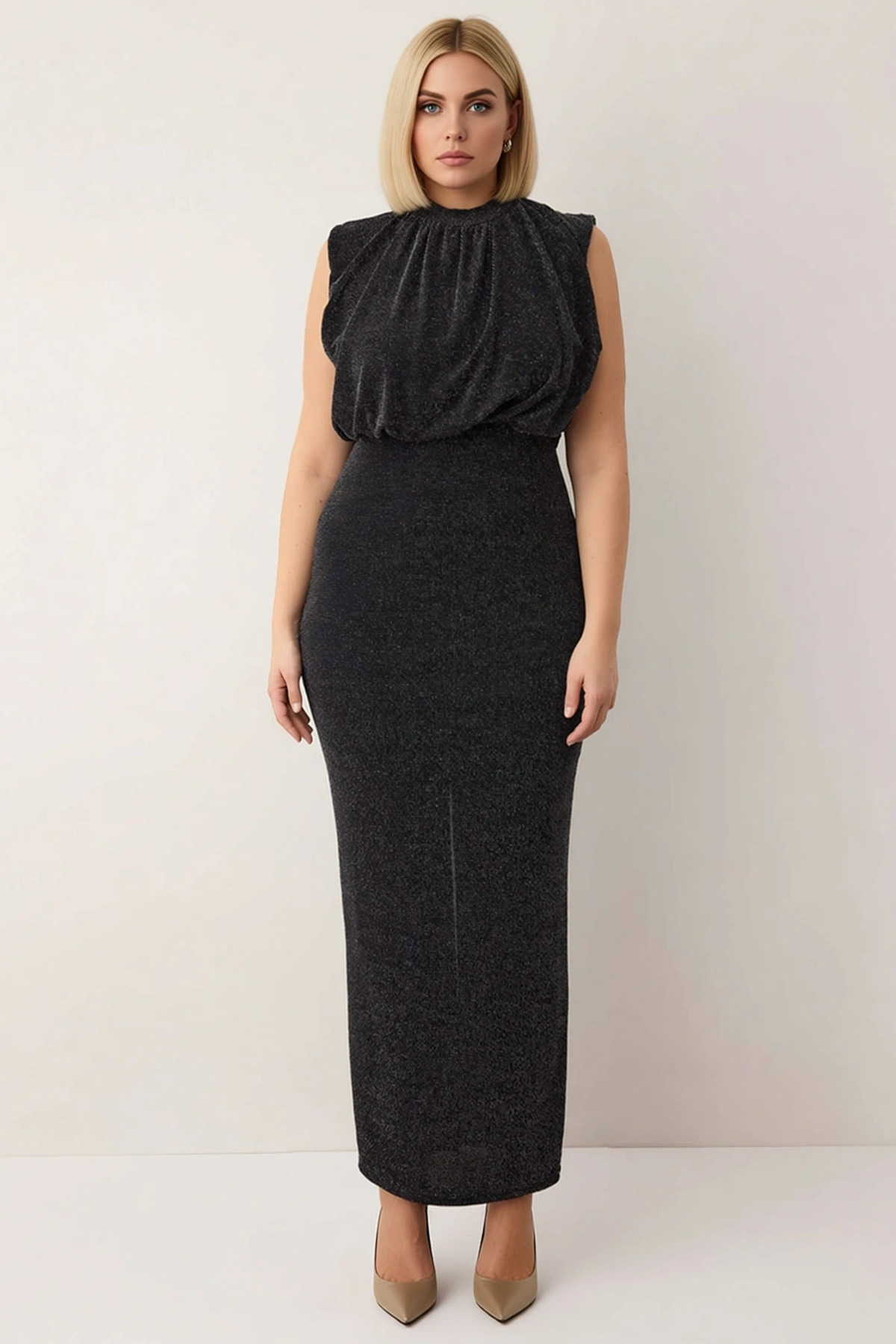 Kadın Büyük Beden Dik Yaka Kolsuz Tül Örme Bodycon Kalıp Maxi Elbise Fonksiyonel Dayanıklı