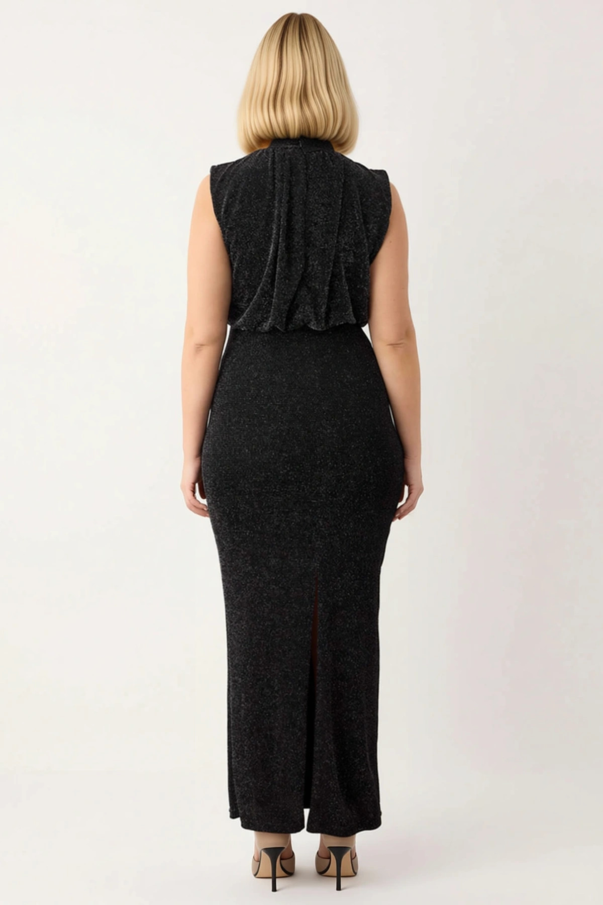 Kadın Büyük Beden Dik Yaka Kolsuz Tül Örme Bodycon Kalıp Maxi Elbise Fonksiyonel Dayanıklı