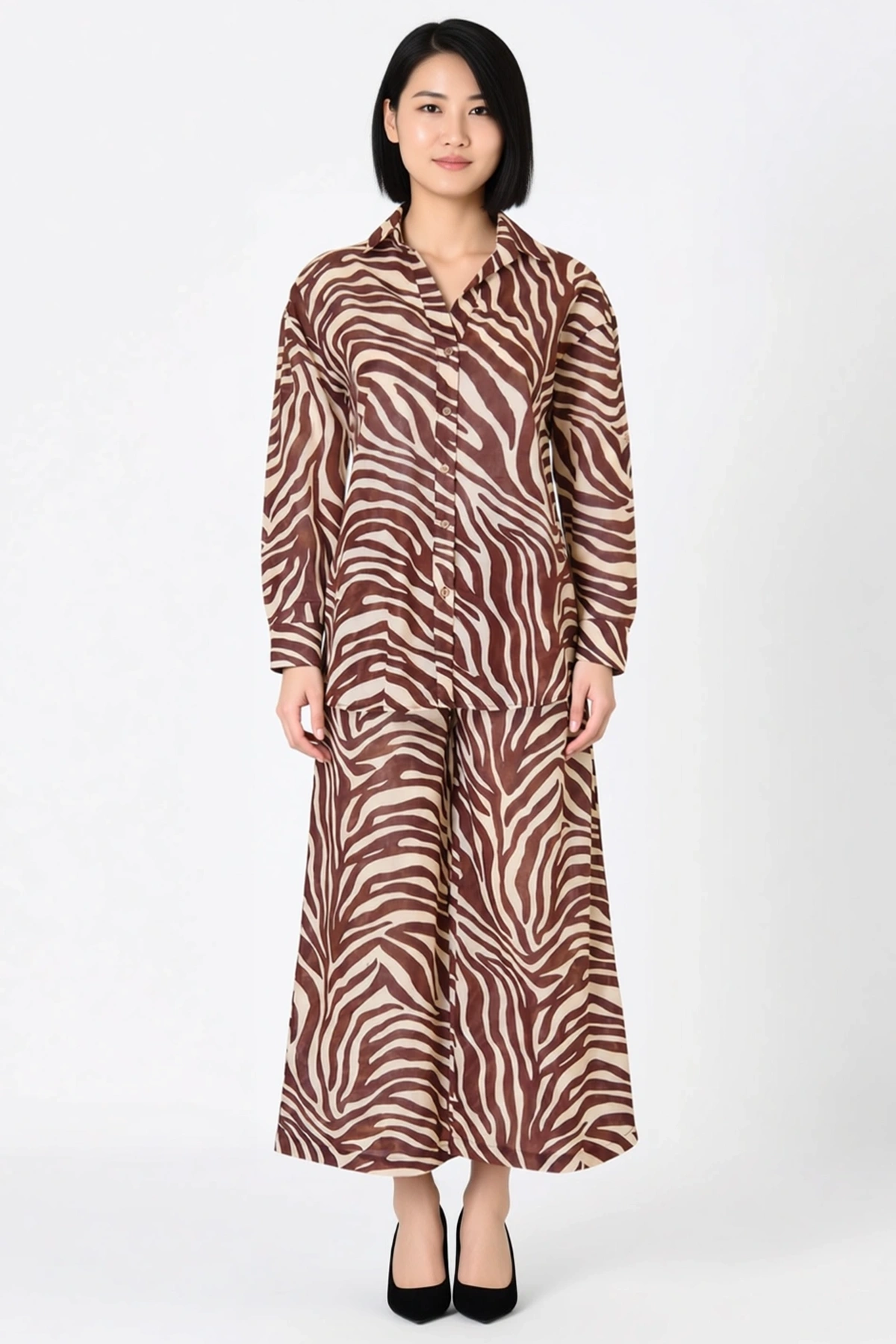 Kadın Büyük Beden Zebra Desenli %100 Pamuk Plaj Gömlek Pantolon Takımı Oversize Kesim Uzun Boy Rahat