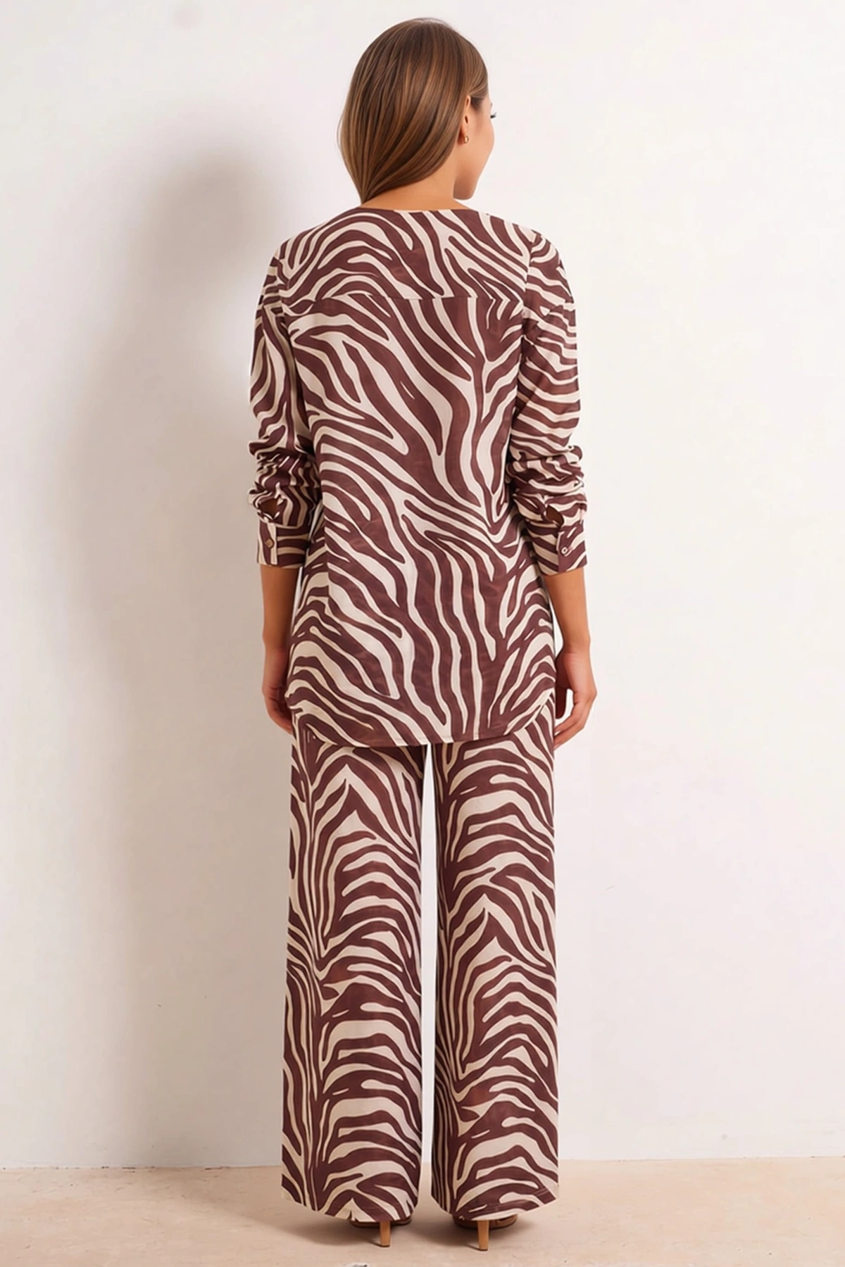 Kadın Büyük Beden Zebra Desenli %100 Pamuk Plaj Gömlek Pantolon Takımı Oversize Kesim Uzun Boy Rahat