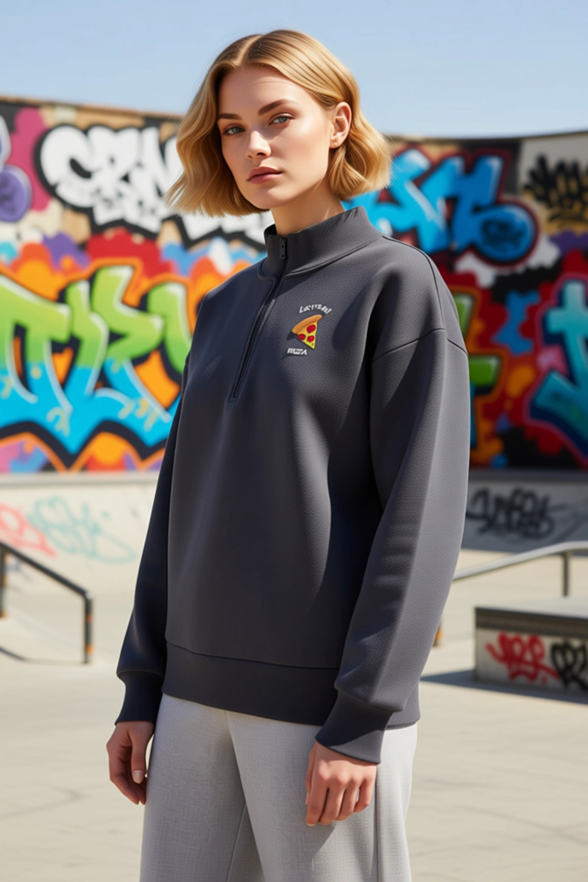 Kadın Dik Yaka Fermuarlı Düşük Kol Oversize Sweatshirt Fonksiyonel Dayanıklı Kaliteli Spor
