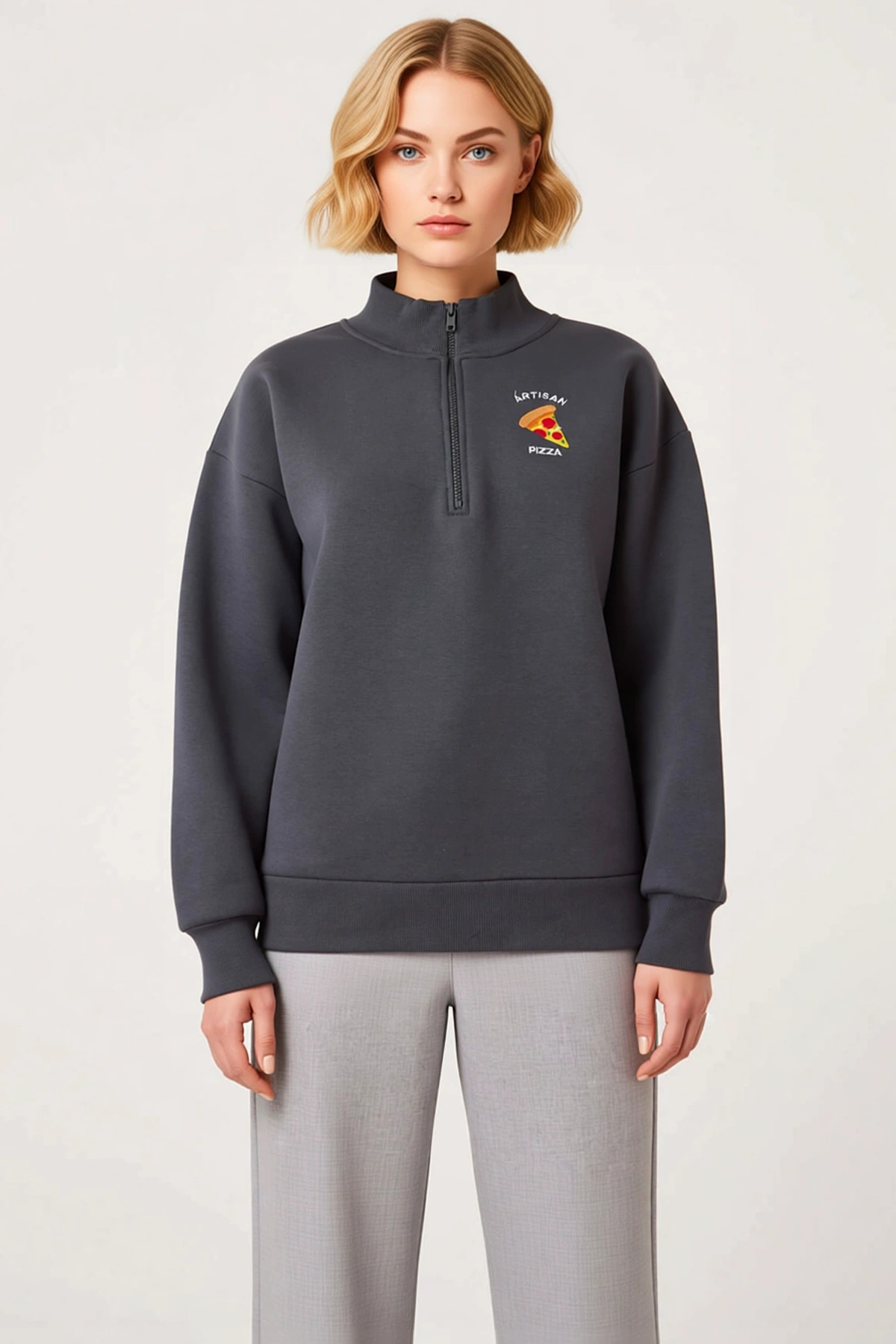 Kadın Dik Yaka Fermuarlı Düşük Kol Oversize Sweatshirt Fonksiyonel Dayanıklı Kaliteli Spor