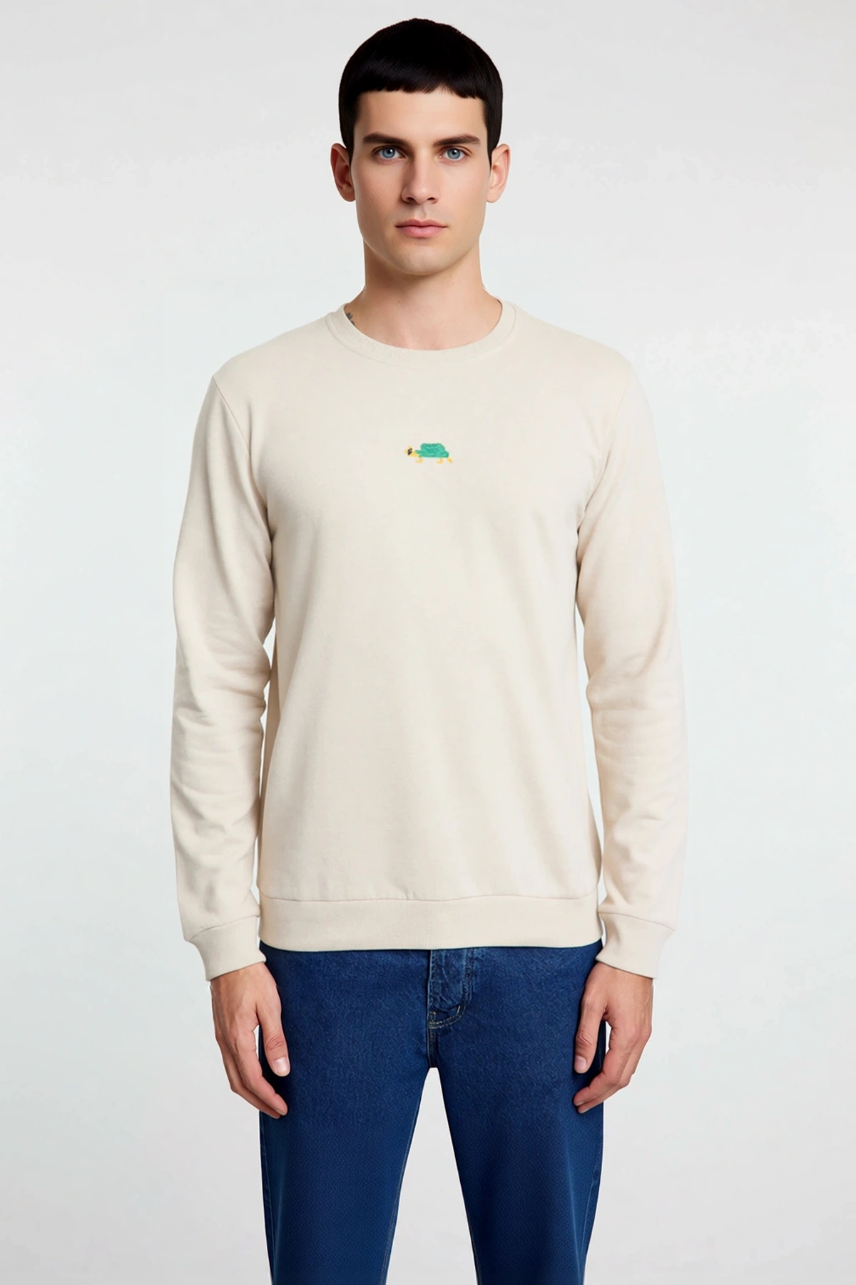 Erkek Bisiklet Yaka Standart Kol Regular Kalıp Hayvan Nakışlı Sweatshirt Fonksiyonel Rahat