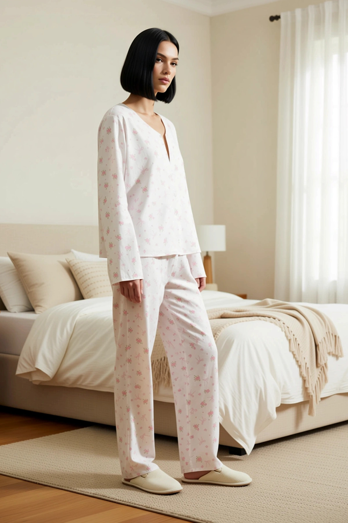 Kadın Müslin Dokuma V Yaka Uzun Kol Regular Kalıp Pijama Takımı Fonksiyonel Şık %100 Pamuk