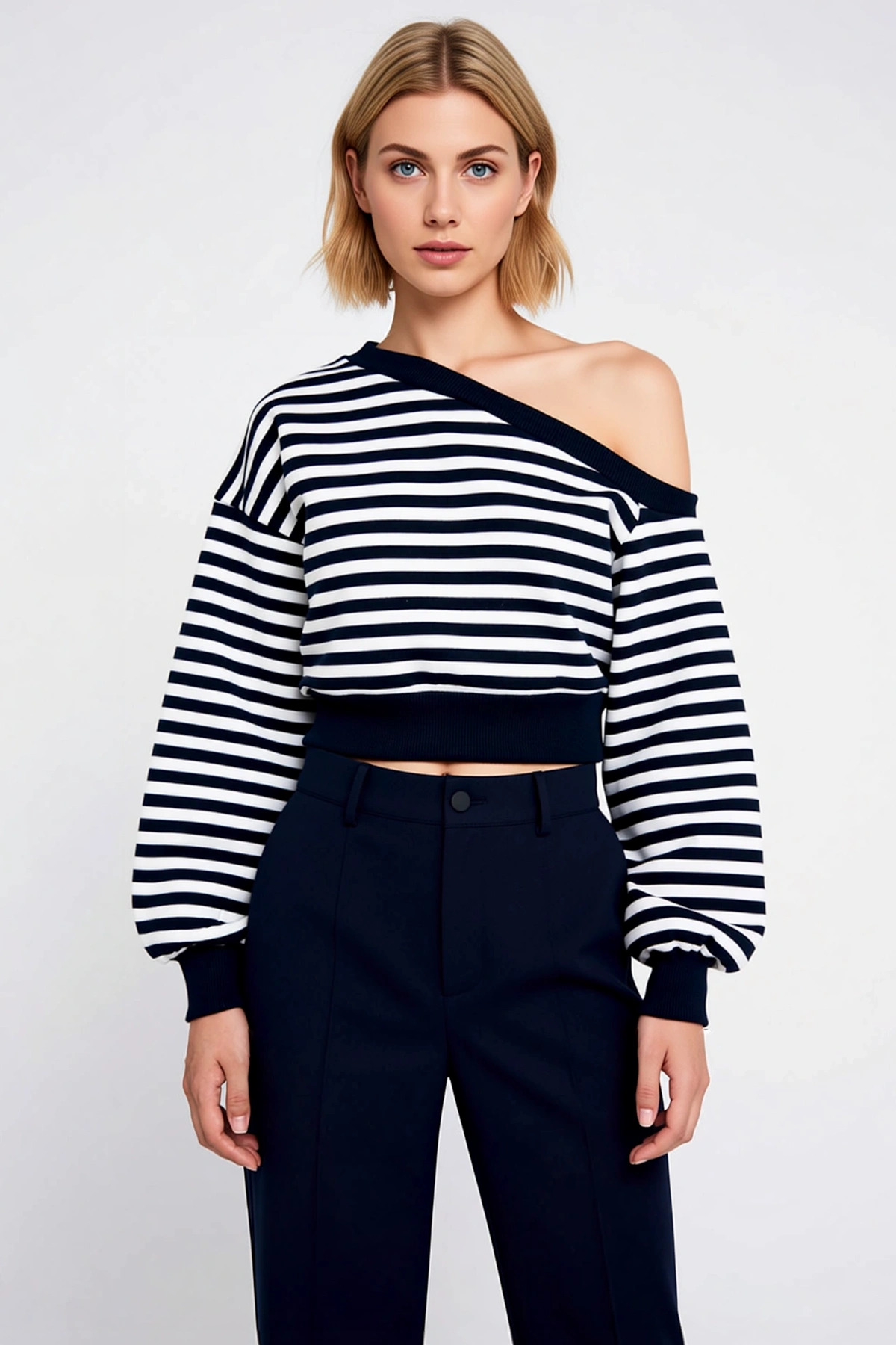 Kadın Asimetrik Yaka Düşük Kol Regular Kalıp Örme Sweatshirt Fonksiyonel Dayanıklı Estetik