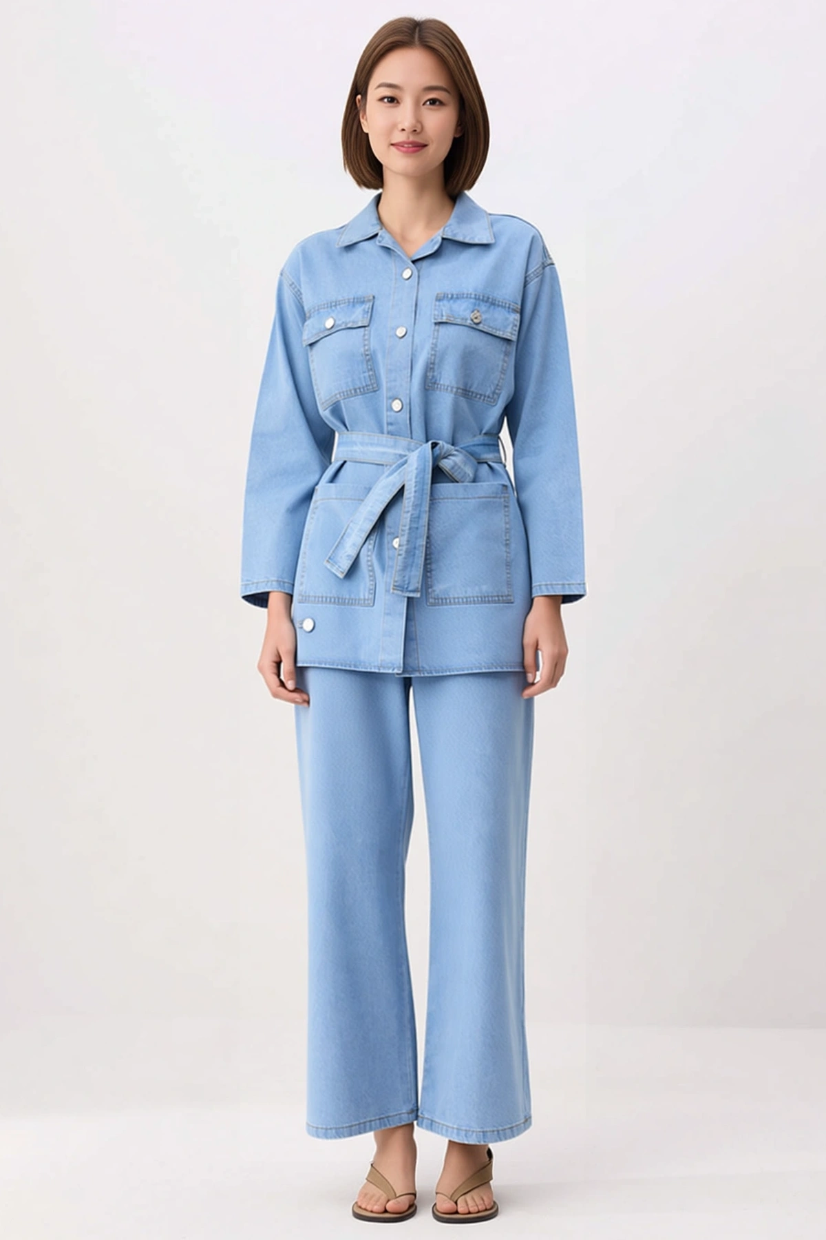 Kadın Büyük Beden Gömlek Yaka Uzun Kollu Denim Ceket Pantolon Takımı %100 Pamuk Günlük Rahat Modern