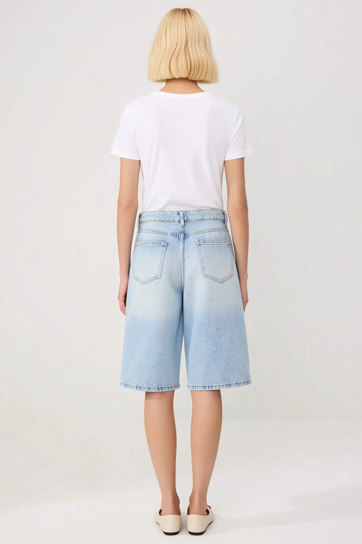 Kadın Boy Pantolon Yüksek Bel Bermuda Geniş Paça Kesim Denim Kumaş Rigid Dokuma Düz Desen Şık