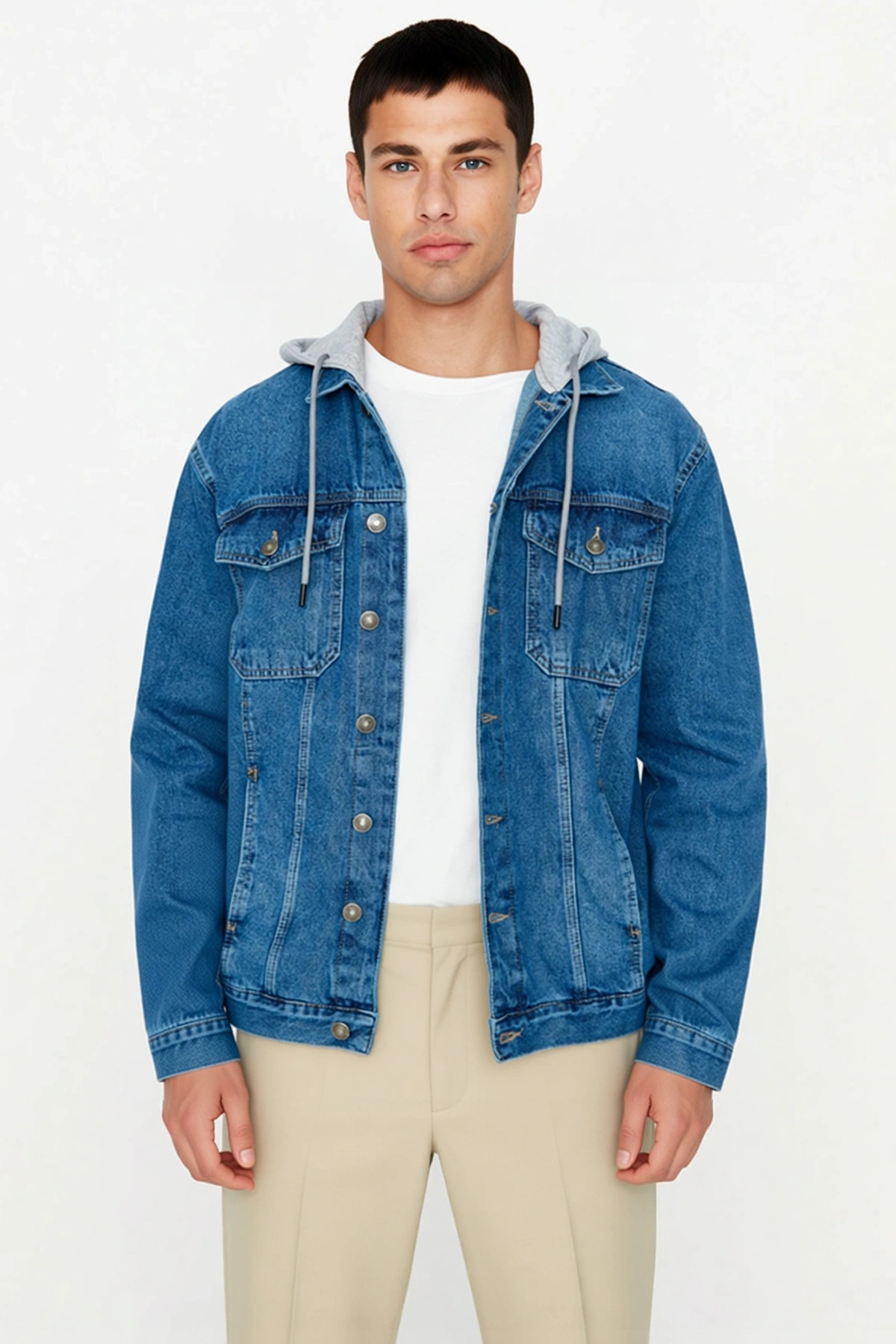 Erkek %100 Pamuk Regular Fit Kapüşonlu Denim Ceket Fonksiyonel Dayanıklı Kaliteli Konforlu