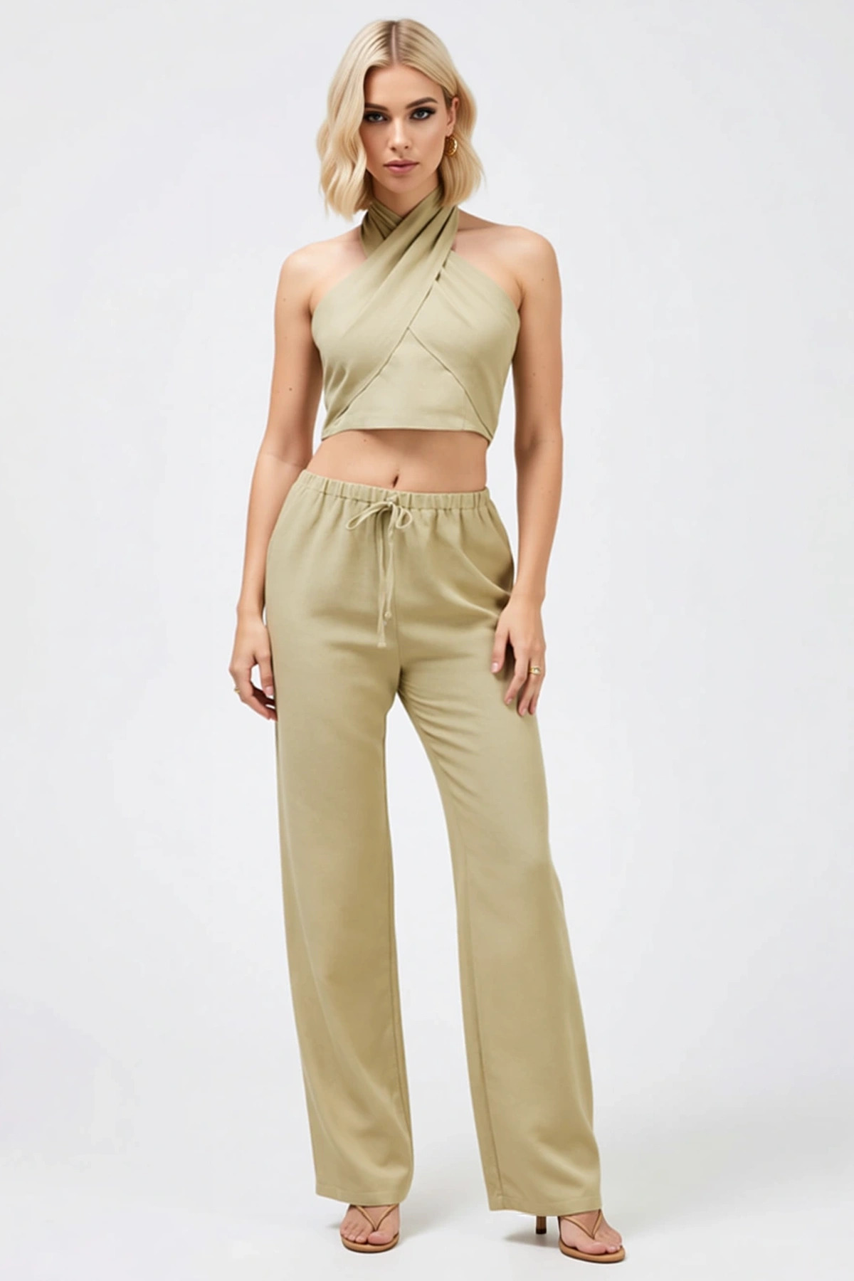 Kadın Alt Üst Keten Görünümlü Dokuma Crop Bluz Geniş Paça Pantolon Takımı Yazlık Ve Konfor Bir Arada