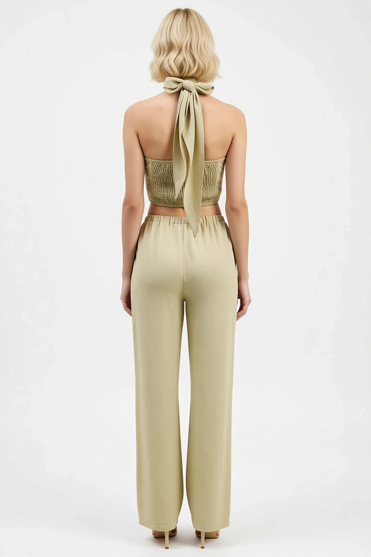 Kadın Alt Üst Keten Görünümlü Dokuma Crop Bluz Geniş Paça Pantolon Takımı Yazlık Ve Konfor Bir Arada