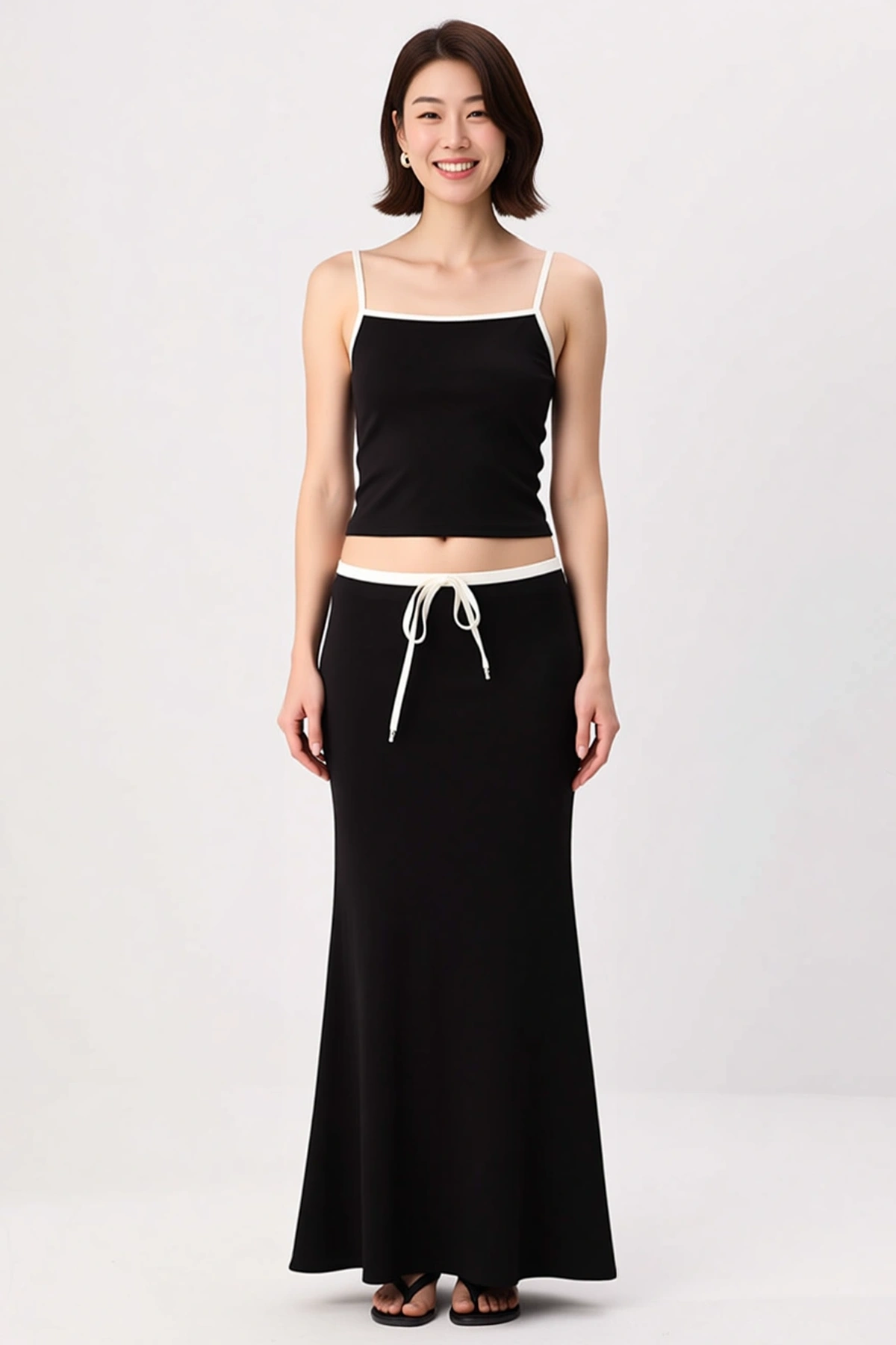 Kadın İnce Askılı Havuz Yaka Fitted Esnek Örme Crop Top Maxi Etek Takım XS Beden Günlük Rahat Modern