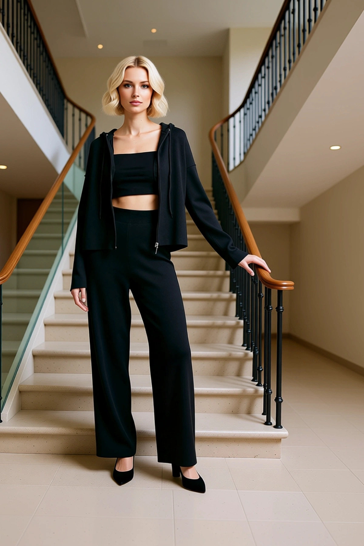 Alternative view of Kadın Alt Üst Kapüşonlu Fermuarlı Triko Hırka Ve Geniş Paça Pantolon Takımı Rahat Şıklık Sunar Şık