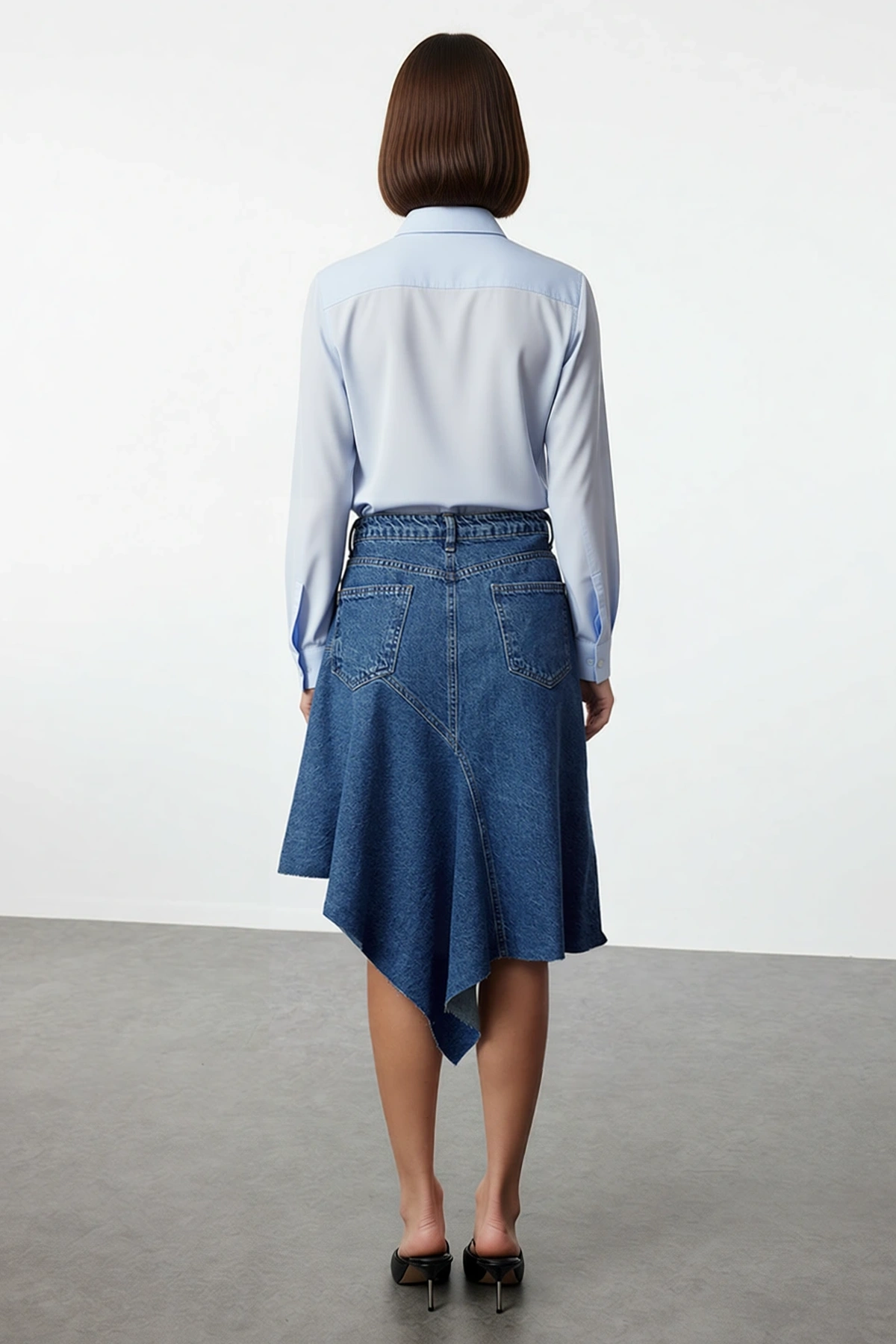 Kadın Asimetrik Kesim Yüksek Bel Midi Denim Etek %100 Pamuk Dikiş Detaylı Günlük Rahat Modern Şık