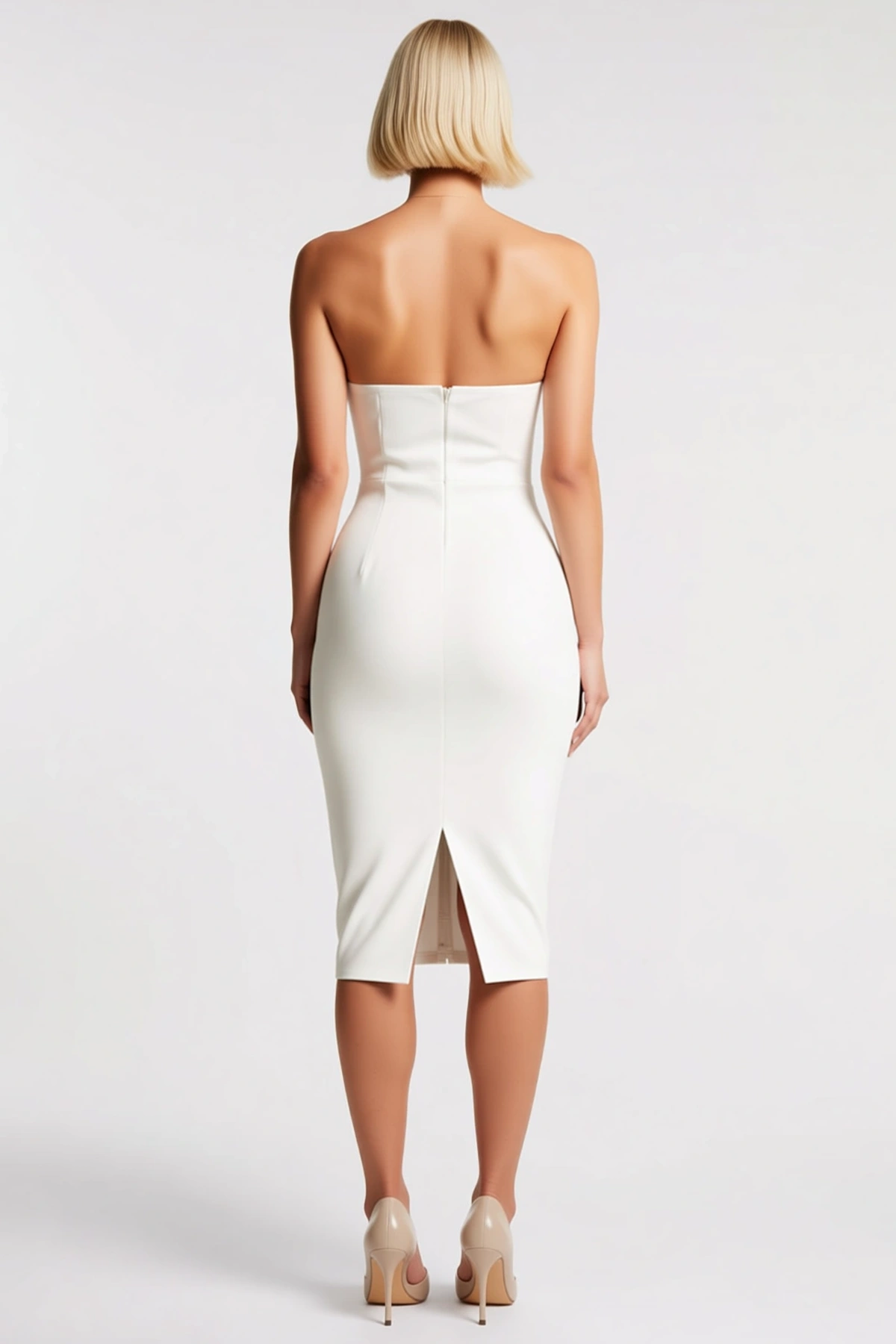 Kadın V Yaka Kolsuz Bodycon Kalıp Midi Boy Dokuma Elbise Kemerli Ön Düğmeli Cepli Detay Şık