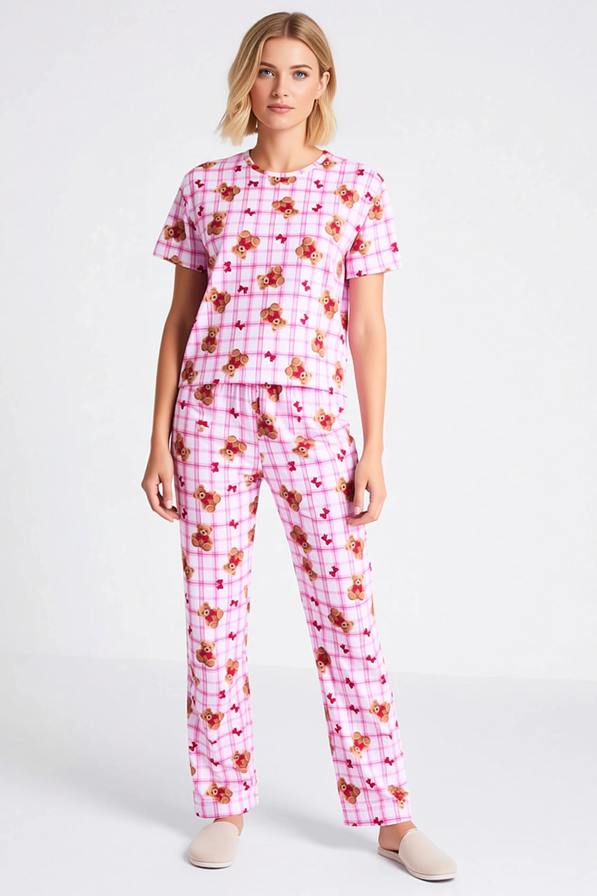 Kadın Bisiklet Yaka Standart Kol Regular Kalıp Ekose Ayıcık Desenli Örme Pijama Takımı %100 Pamuk