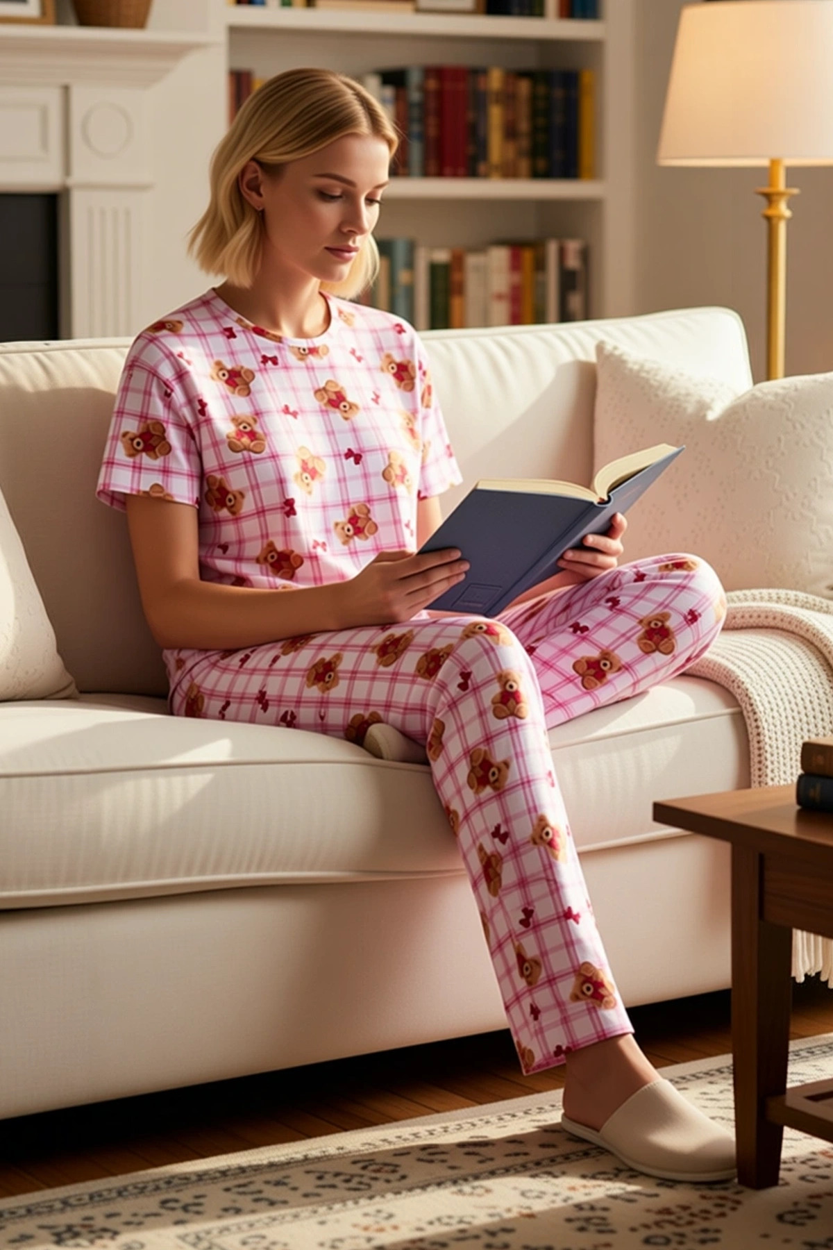 Kadın Bisiklet Yaka Standart Kol Regular Kalıp Ekose Ayıcık Desenli Örme Pijama Takımı %100 Pamuk