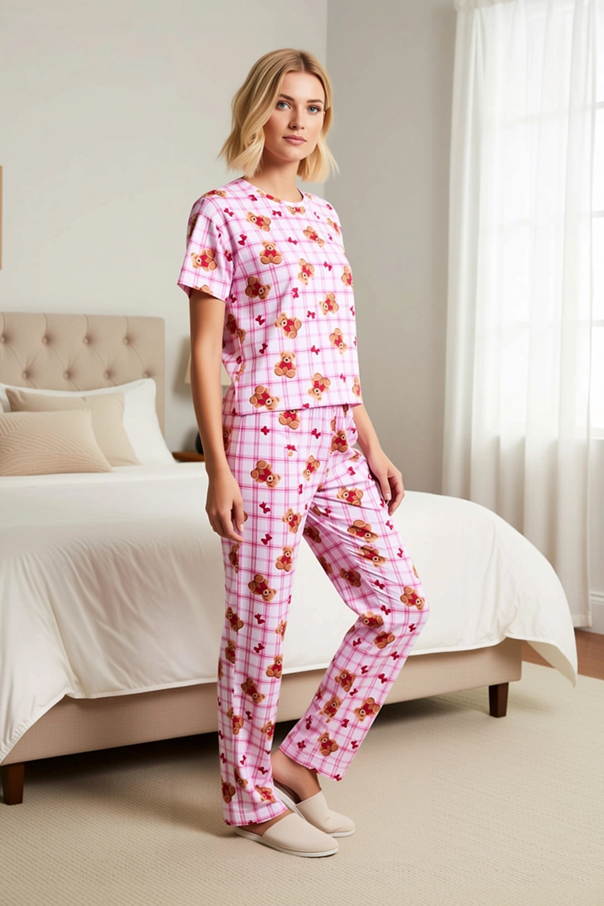 Kadın Bisiklet Yaka Standart Kol Regular Kalıp Ekose Ayıcık Desenli Örme Pijama Takımı %100 Pamuk