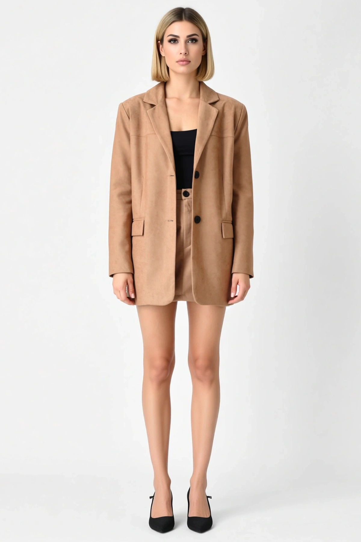Kadın Alt Üst Süet Görünümlü Dokuma Blazer Ceket Ve Kısa Etek İkili Takım Ve Rahat Bir Stil Sunar