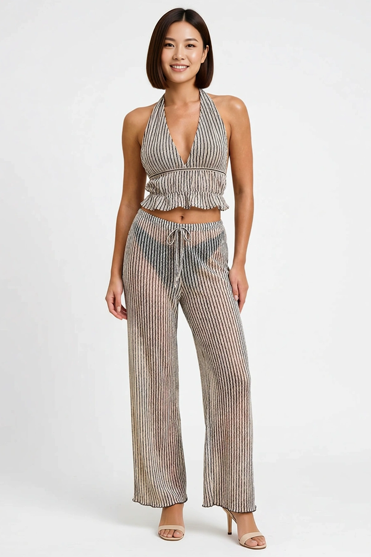 Kadın Büyük Beden Halter Yaka Crop Top Pantolon Takımı Simli Örme Çizgili Plaj Koleksiyonu Günlük