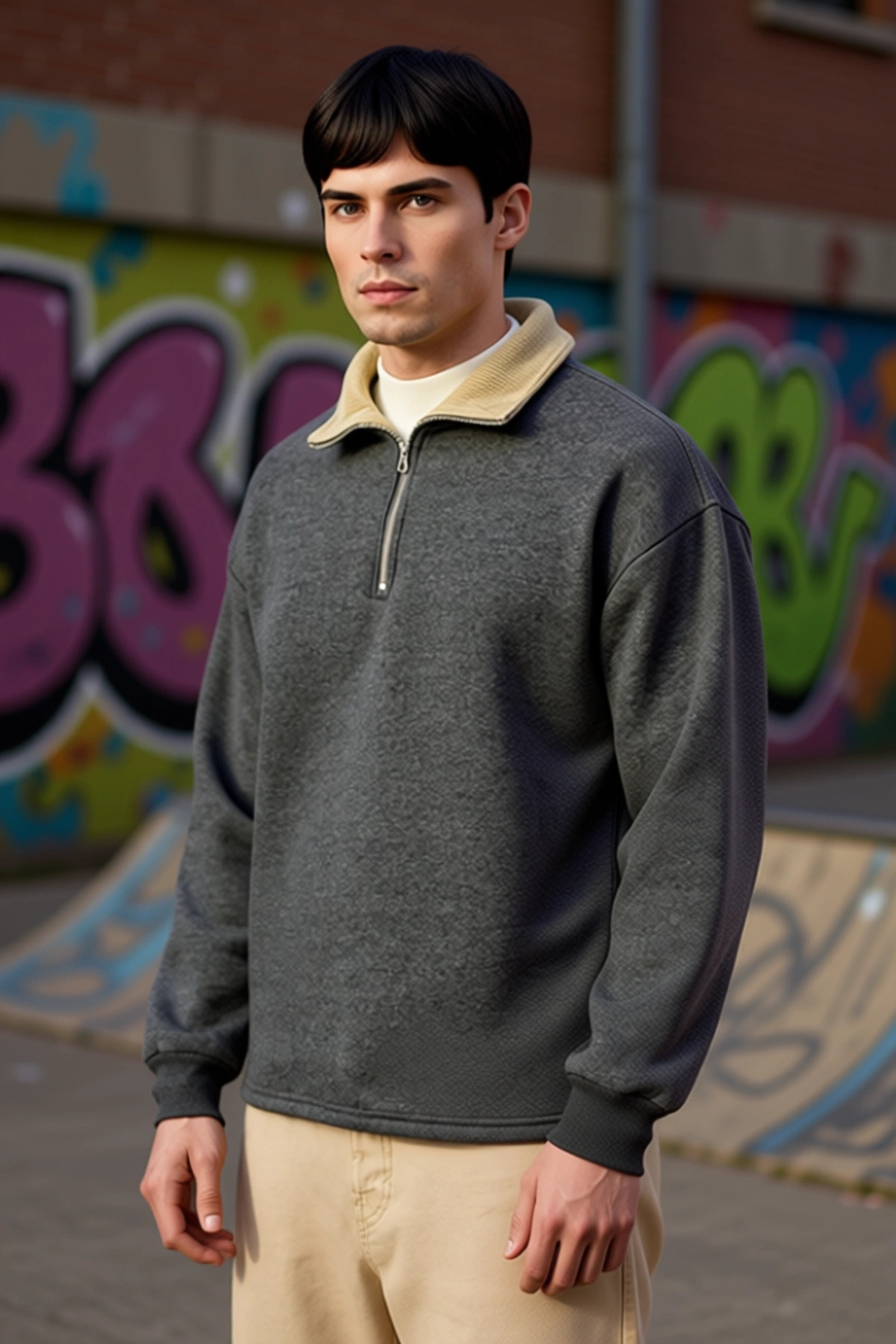Erkek Dik Yaka Fermuar Detaylı Standart Kol %57 Pamuk %43 Polyester Sweatshirt Fonksiyonel