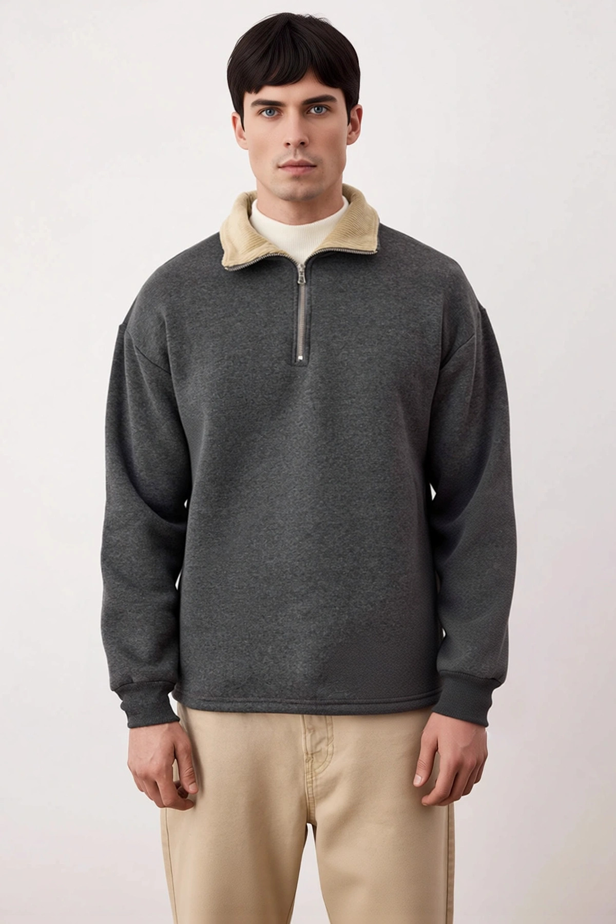 Erkek Dik Yaka Fermuar Detaylı Standart Kol %57 Pamuk %43 Polyester Sweatshirt Fonksiyonel