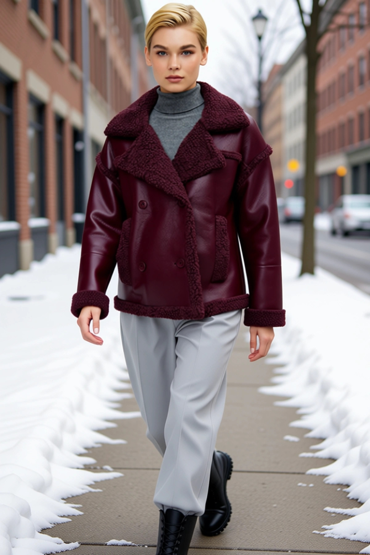 Alternative view of Kadın Ceket Yaka Düşük Kol Kalın Suni Deri Biker Mont Fonksiyonel Dayanıklı Kaliteli Rahat