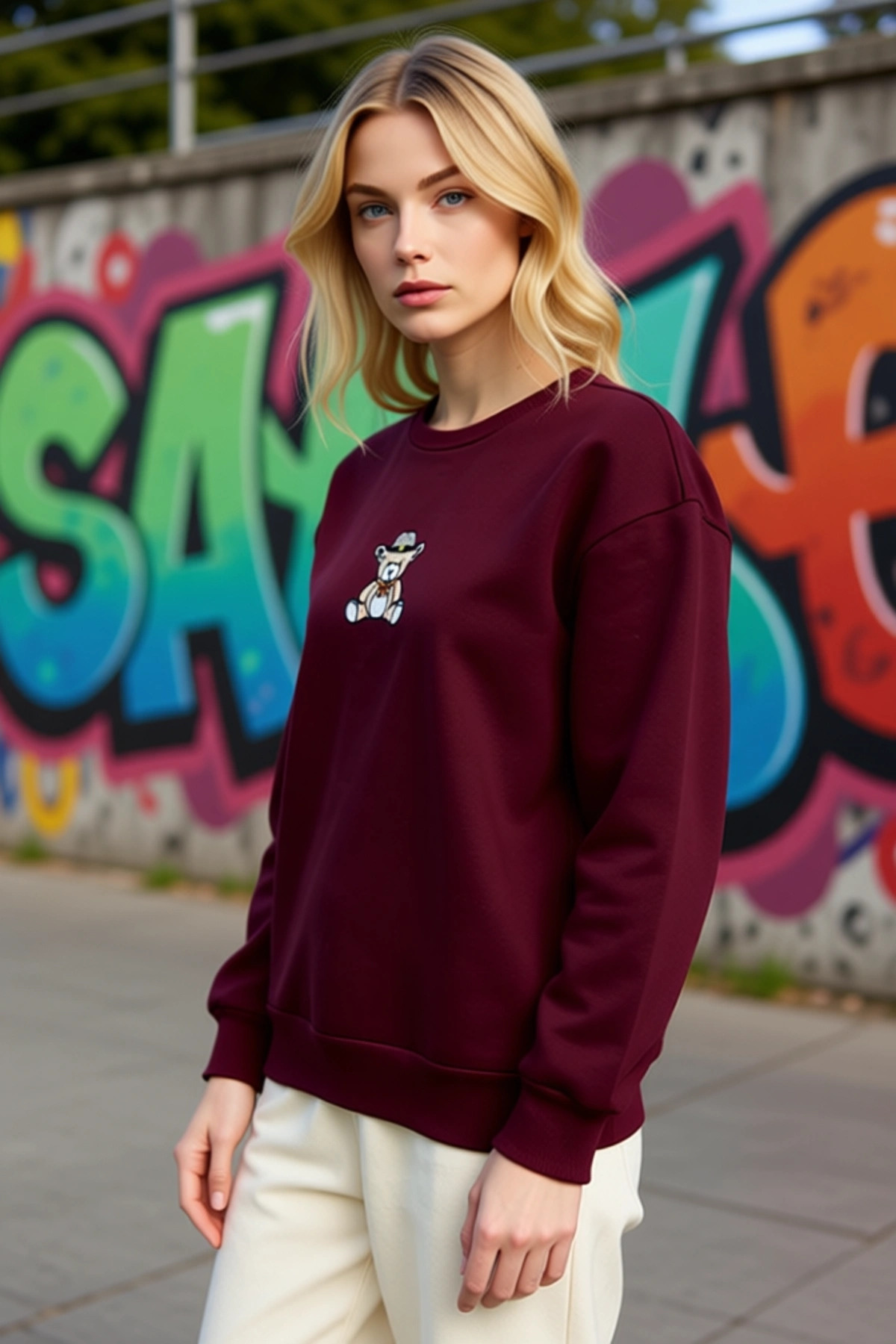 Kadın Bisiklet Yaka Düşük Kol Nakışlı Regular Kalıp Sweatshirt Fonksiyonel Dayanıklı Rahat