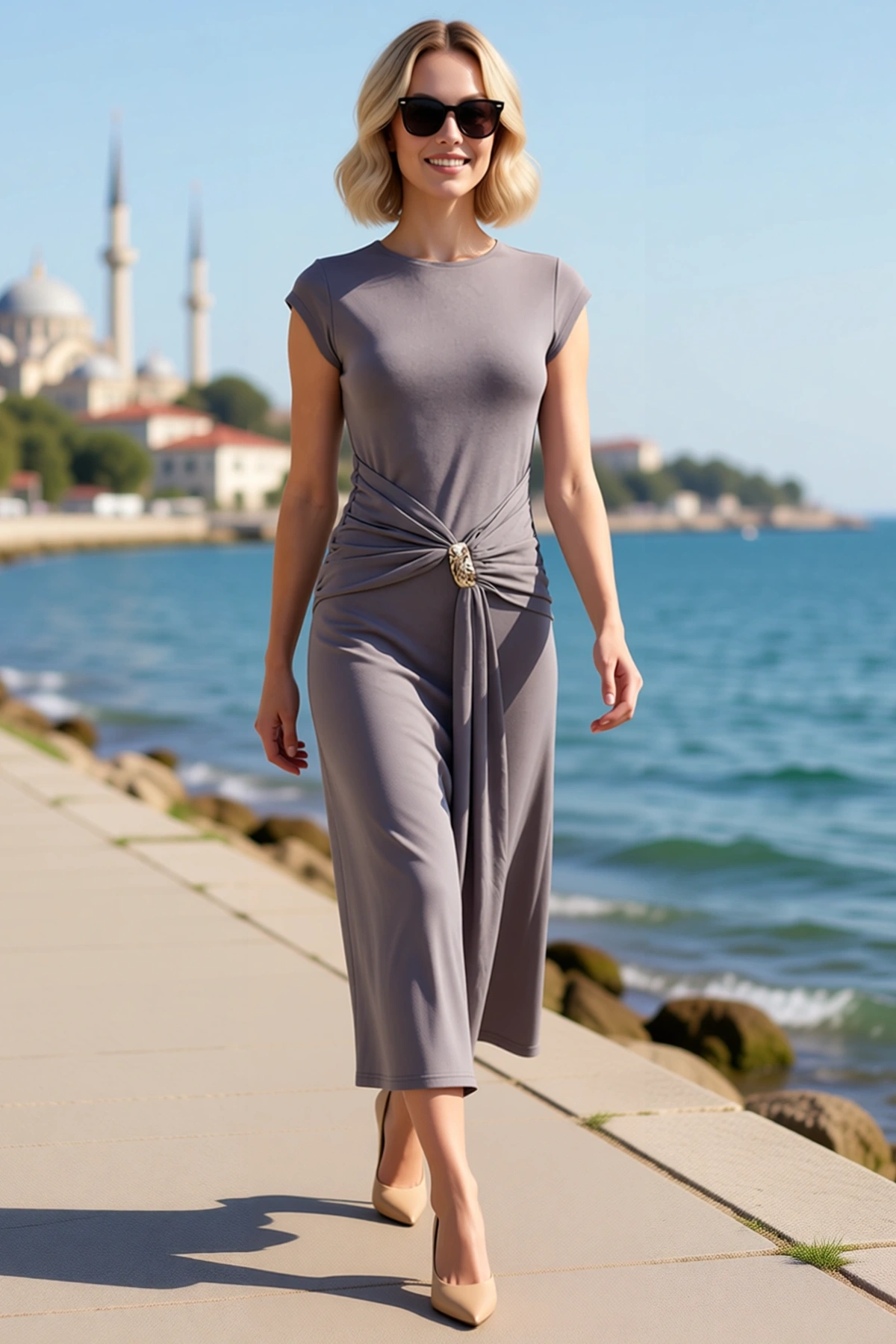 Kadın Kolsuz Bisiklet Yaka Midi Elbise Aksesuar Detaylı Bodycon Kesim Modal Kumaş Günlük Rahat Şık