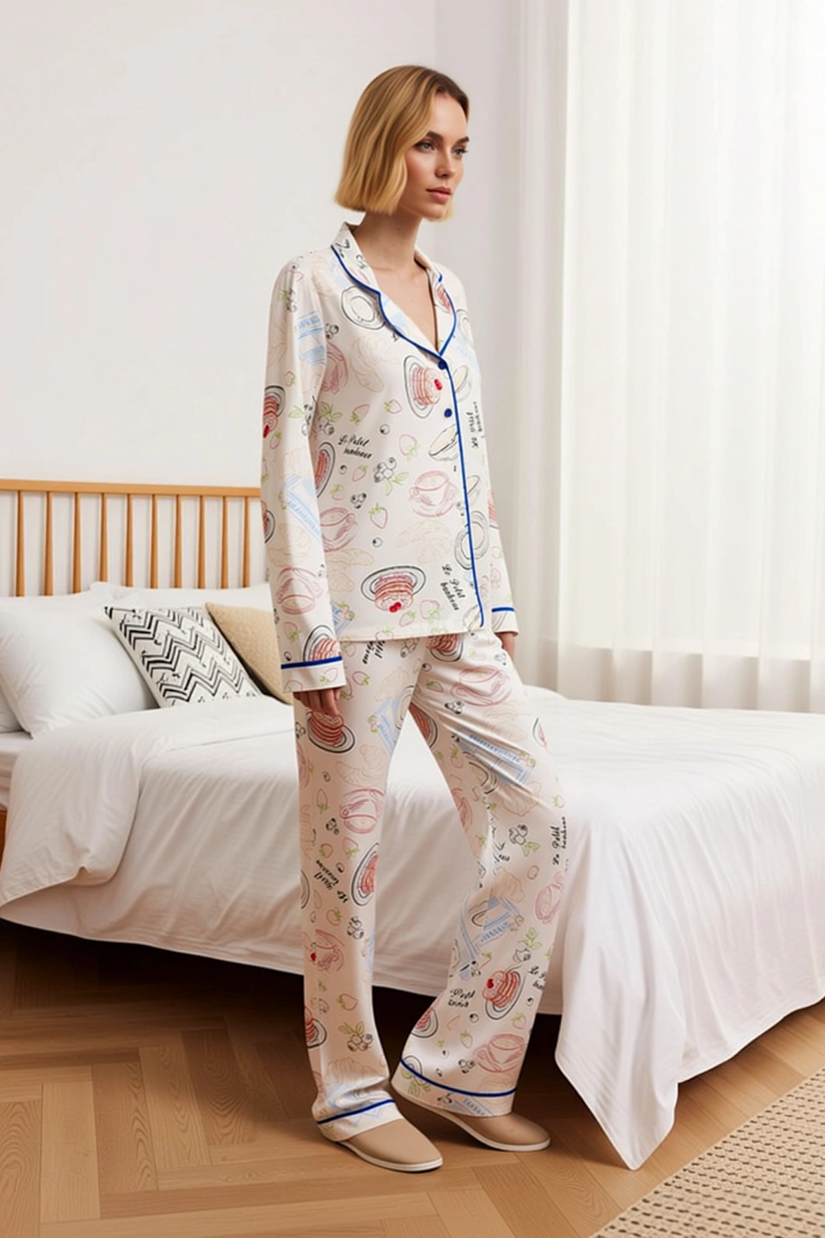 Kadın Gömlek Yaka Uzun Kollu Regular Kalıp Örme Pijama Takımı Fonksiyonel Şık